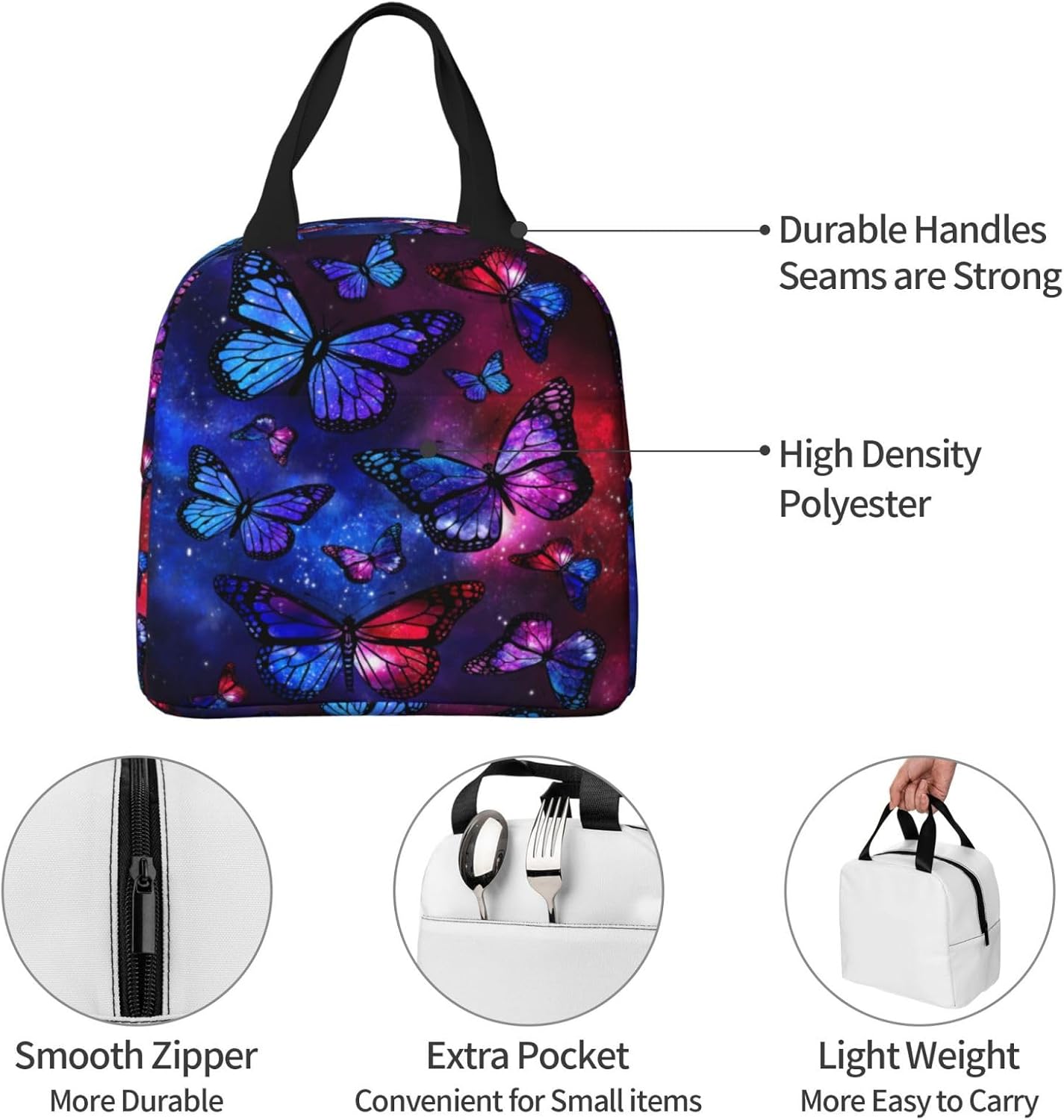 Lonchera aislada para mujer, reutilizable, con bolsillo, para el trabajo, picnic, viajes, mariposa, galaxia