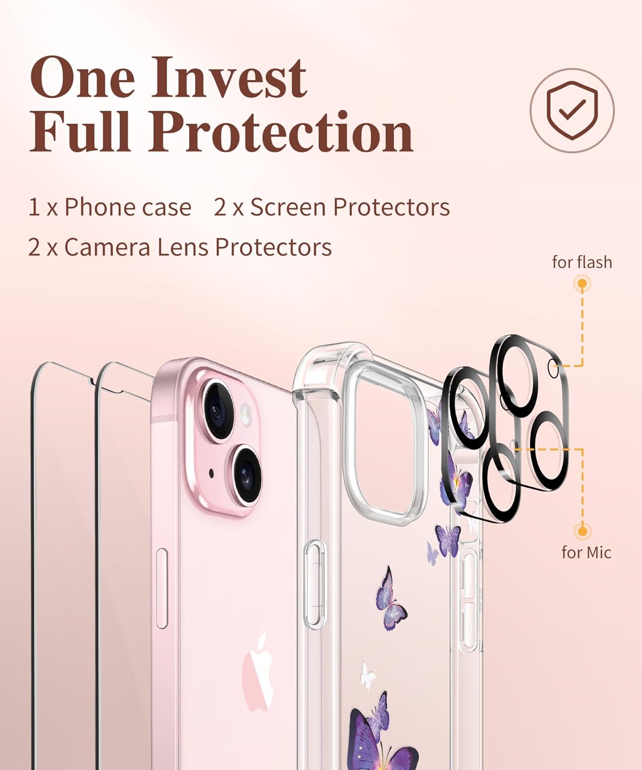 GVIEWIN Funda para iPhone 15, 5 en 1 con 2 protectores de pantalla y 2 protectores de lente de cámara, transparente, suave, a prueba de golpes,