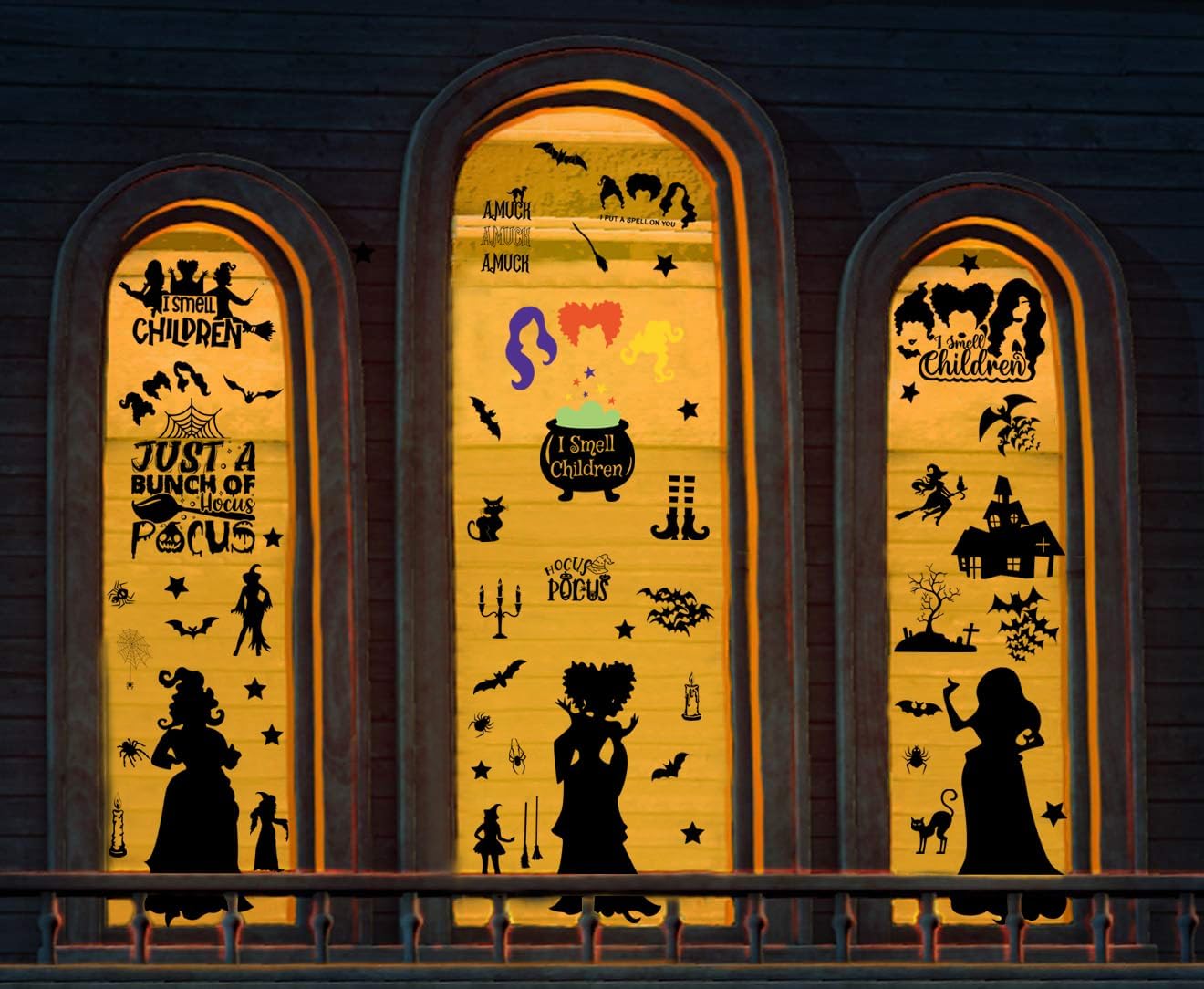 Decoraciones de Hocus Pocus, calcomanías de ventana de Halloween, 9 hojas, 91 piezas de calcomanías de Hocus Pocus de doble cara, calcomanías de