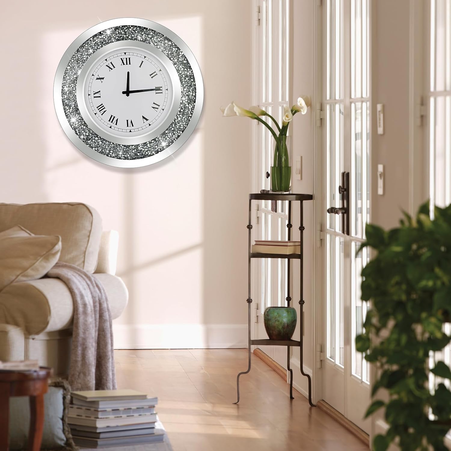 Reloj de pared grande con diamantes brillantes redondos plateados para decoración de pared (20 pulgadas)