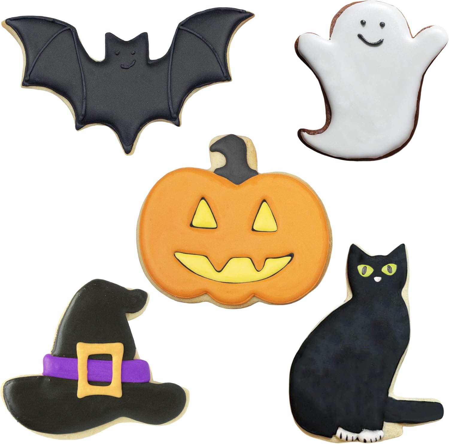 Conjunto de 5 piezas de cortadores para galletas con diseños de Halloween – calabaza, murciélago, fantasma, sombrero de bruja y gato. Ann Clark –