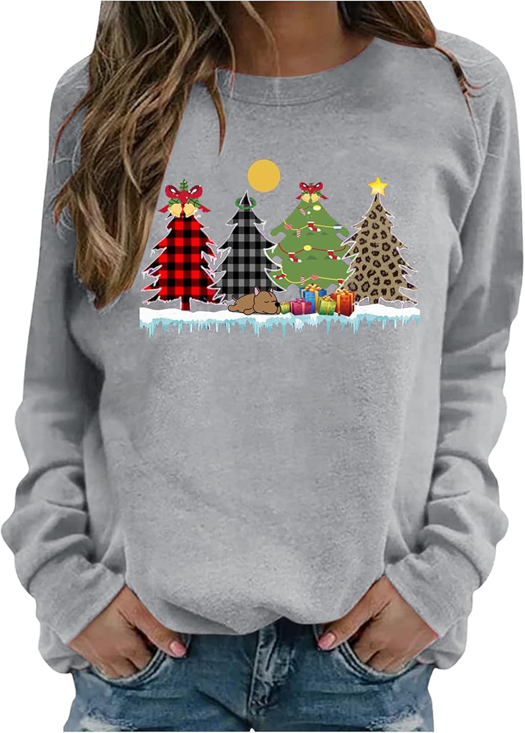 SNKSDGM Sudadera de manga larga con estampado navideño para mujer, cuello redondo, novedad