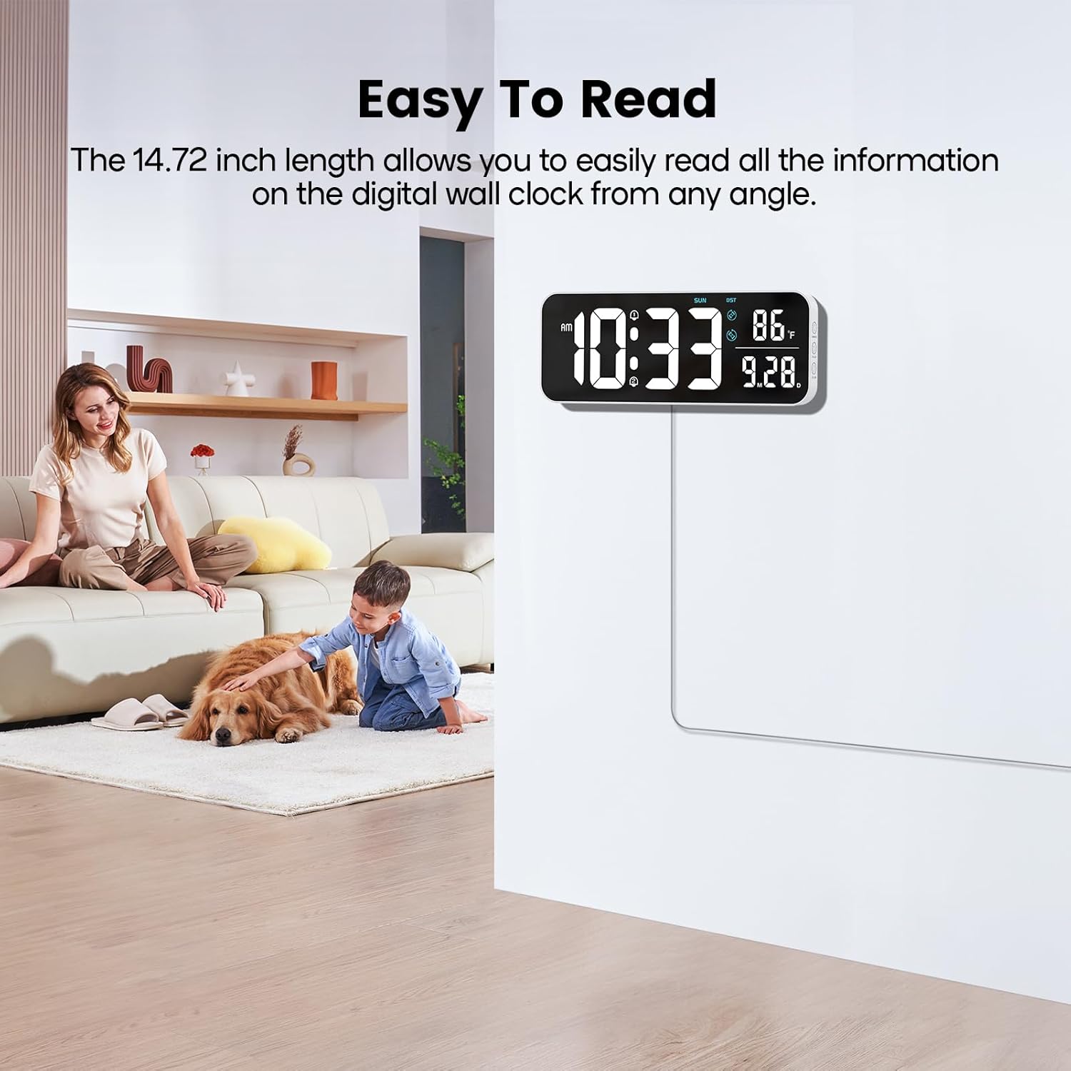Deeyaple Reloj de pared digital, pantalla LED de 14.6 pulgadas, pantalla grande, fecha, temperatura, 1224 horas, control remoto, 10 brillo