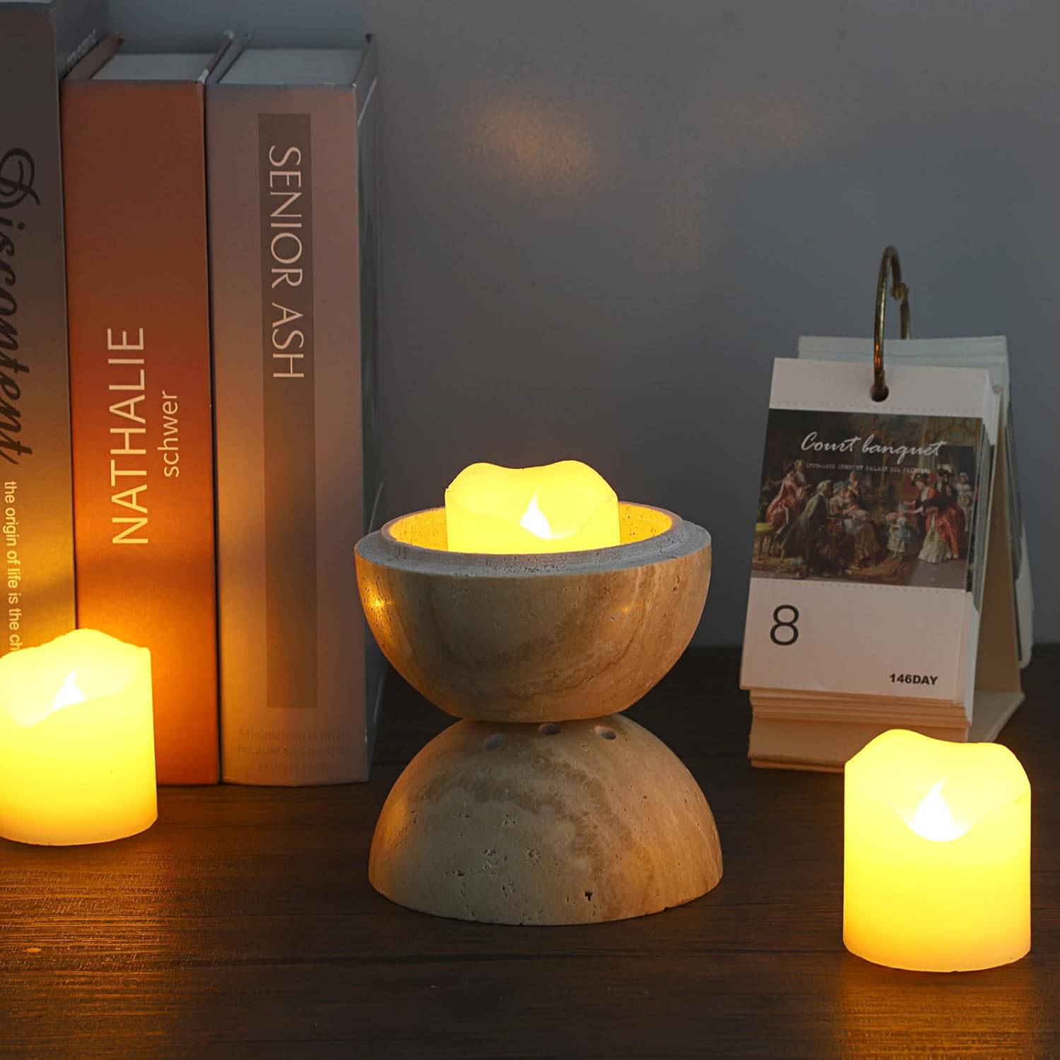 JUXYES Quemador de incienso de piedra de travertino minimalista, soporte redondo de incienso de mármol natural, soporte para quemador de incienso de
