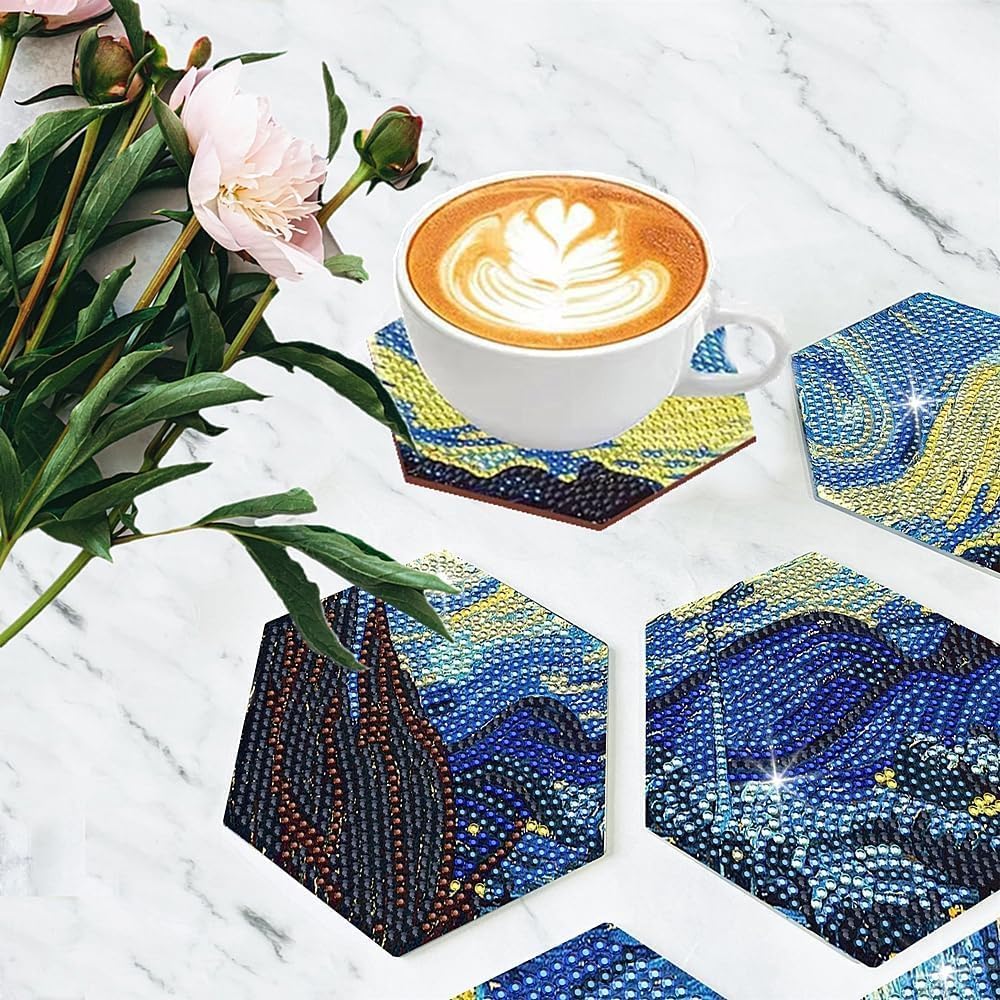 Kits de pintura de diamantes Posavasos Starry Night, 7 posavasos hexagonales de arte de diamantes con soporte, kits de pintura de diamantes pequeños