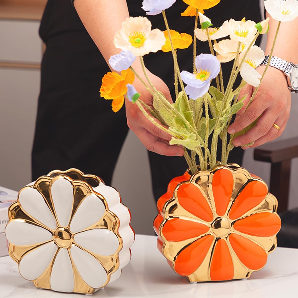 Florero de cerámica naranja y dorado para flores, hierba de pampas, jarrón único y elegante en forma de flor para decoración de estantes, jarrón