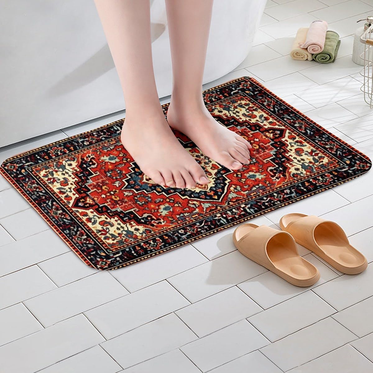 Alfombras de baño Art Deco, alfombra de baño oriental para niñas y mujeres, alfombra de baño antideslizante con medallón vintage, de 16 x 24