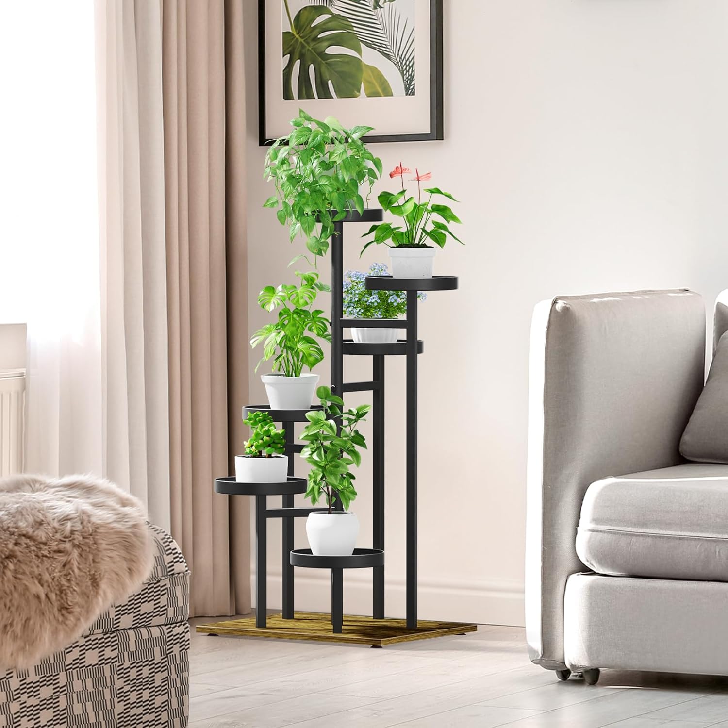 Soporte alto para plantas de 6 niveles para interiores, soporte de esquina de metal para múltiples plantas, estante de madera escalonado para
