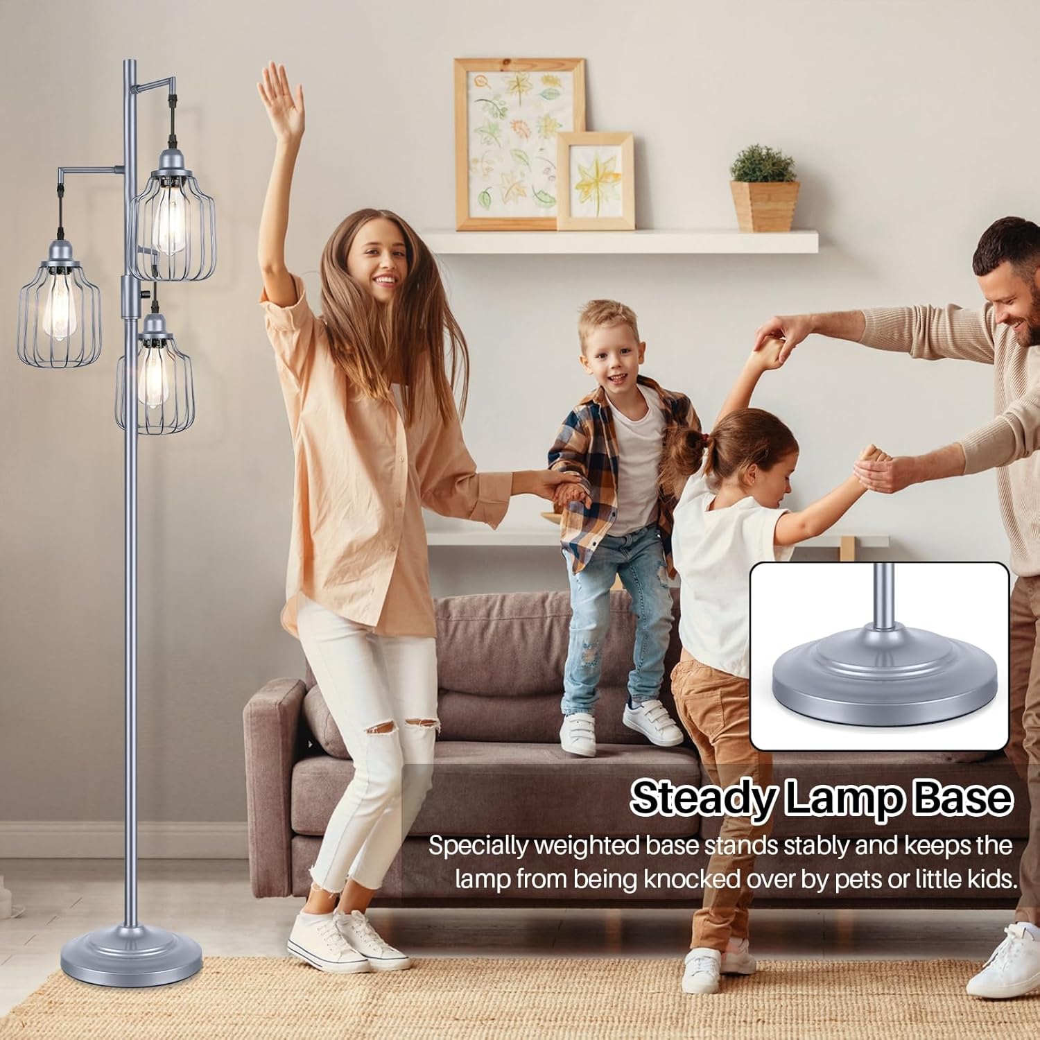 Lámpara de pie con 3 bombillas LED de edición, lámpara de pie alta de granja para sala de estar, regulable industrial rústico gris, árbol brillante,