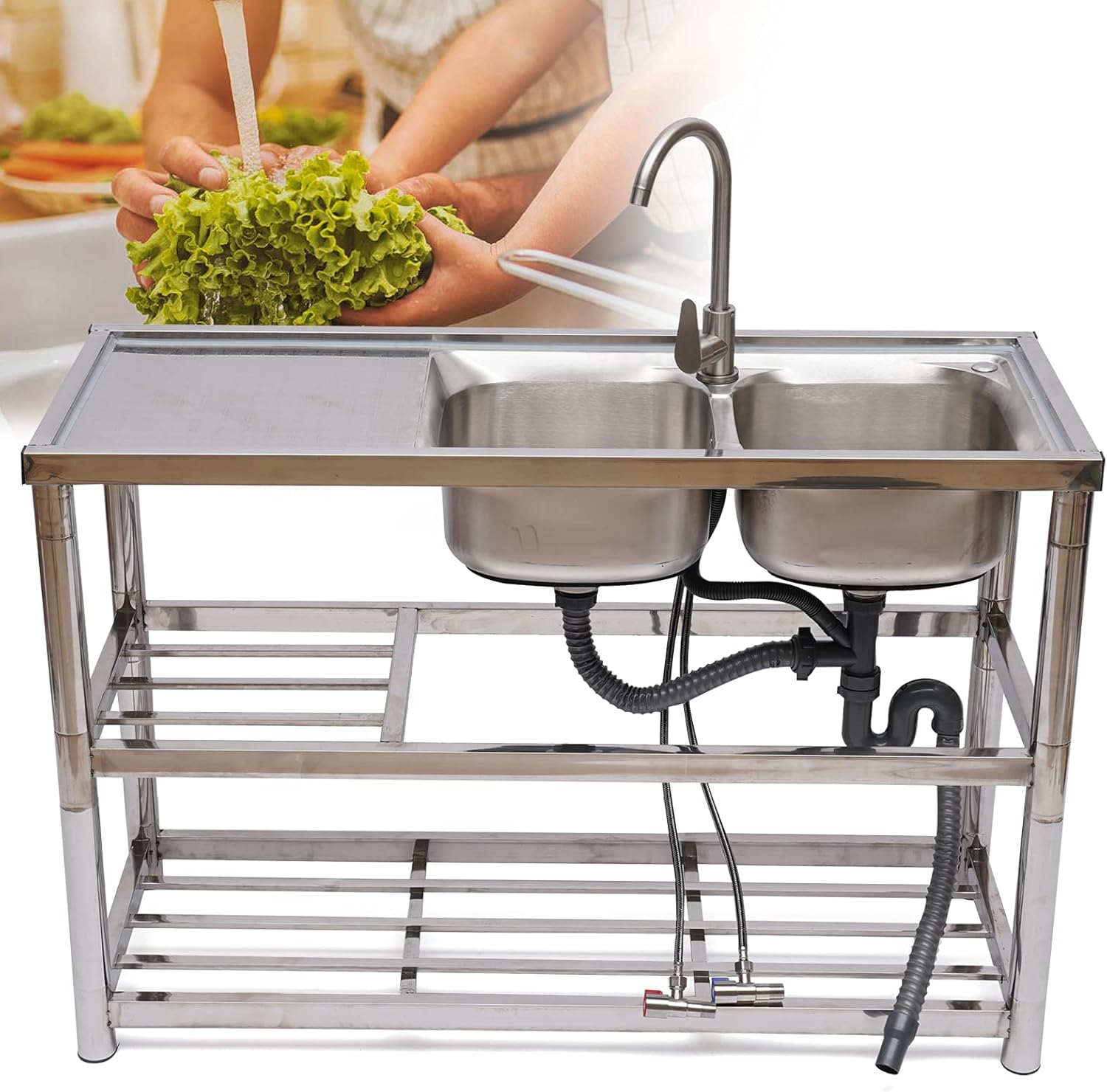 Fregadero de cocina comercial, fregadero de acero inoxidable de 2 compartimentos, fregadero de restaurante independiente, mesa de preparación de