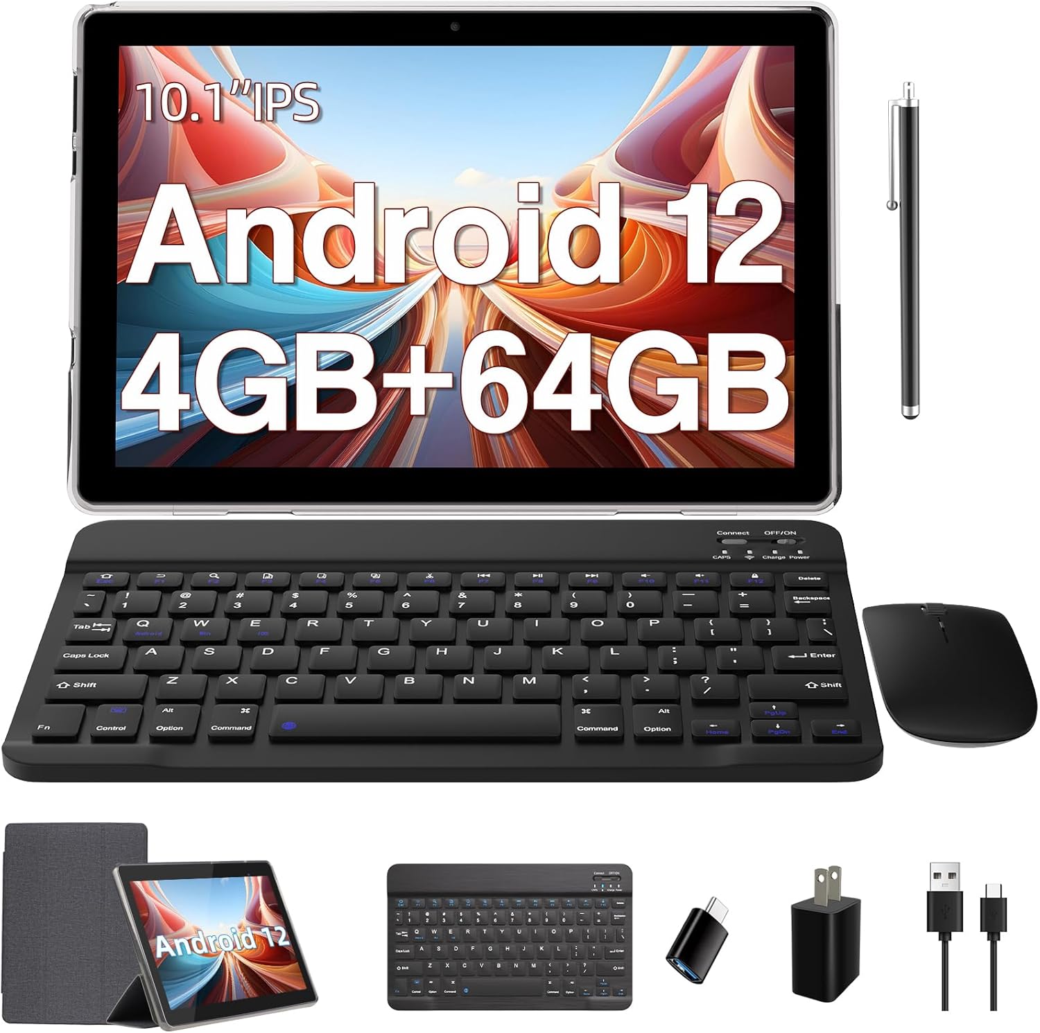 Tablet Android 12 con teclado de 10 pulgadas, 2 en 1, incluye estuche lápiz óptico OTG, 4 GB de RAM+64 GB de ROM, batería de 6000 mAh, cámara dual,