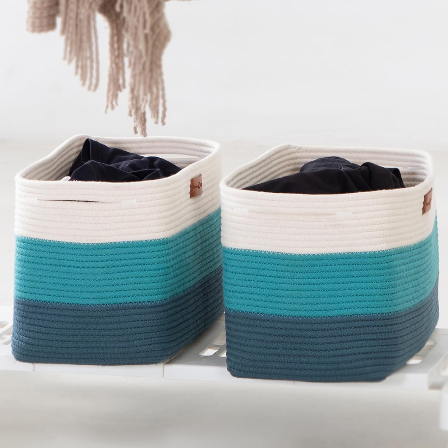 PHI VILLA Large Cotton Rope Basket, Woven Nursery Laundry Blanket Basket Toy Basket with Handles for Storage, Living Room, 15 x 10 x 8 inches,