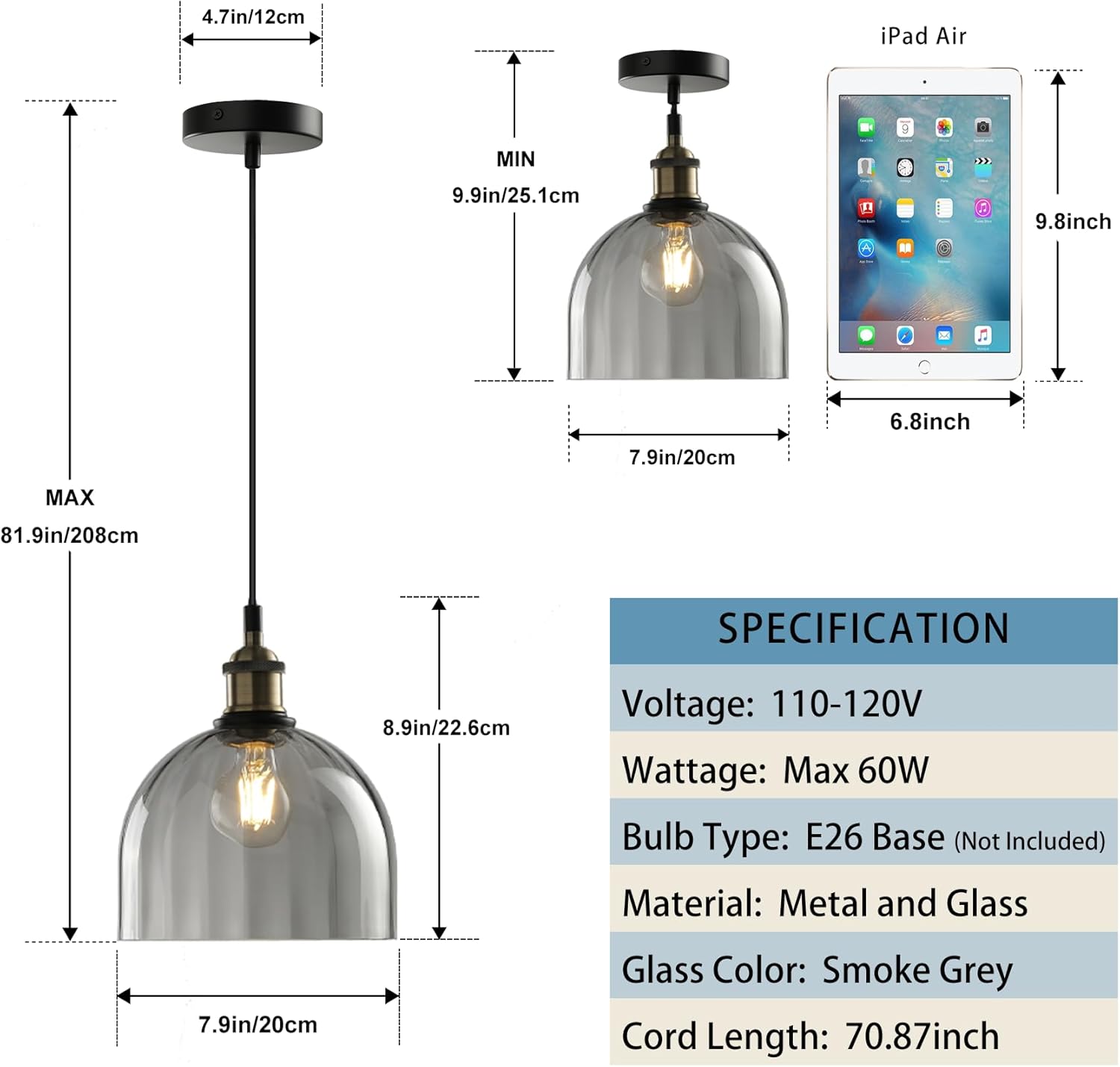 Luces colgantes modernas de color gris humo, accesorios de iluminación colgantes con acabado de bronce cepillado, luces colgantes para isla de