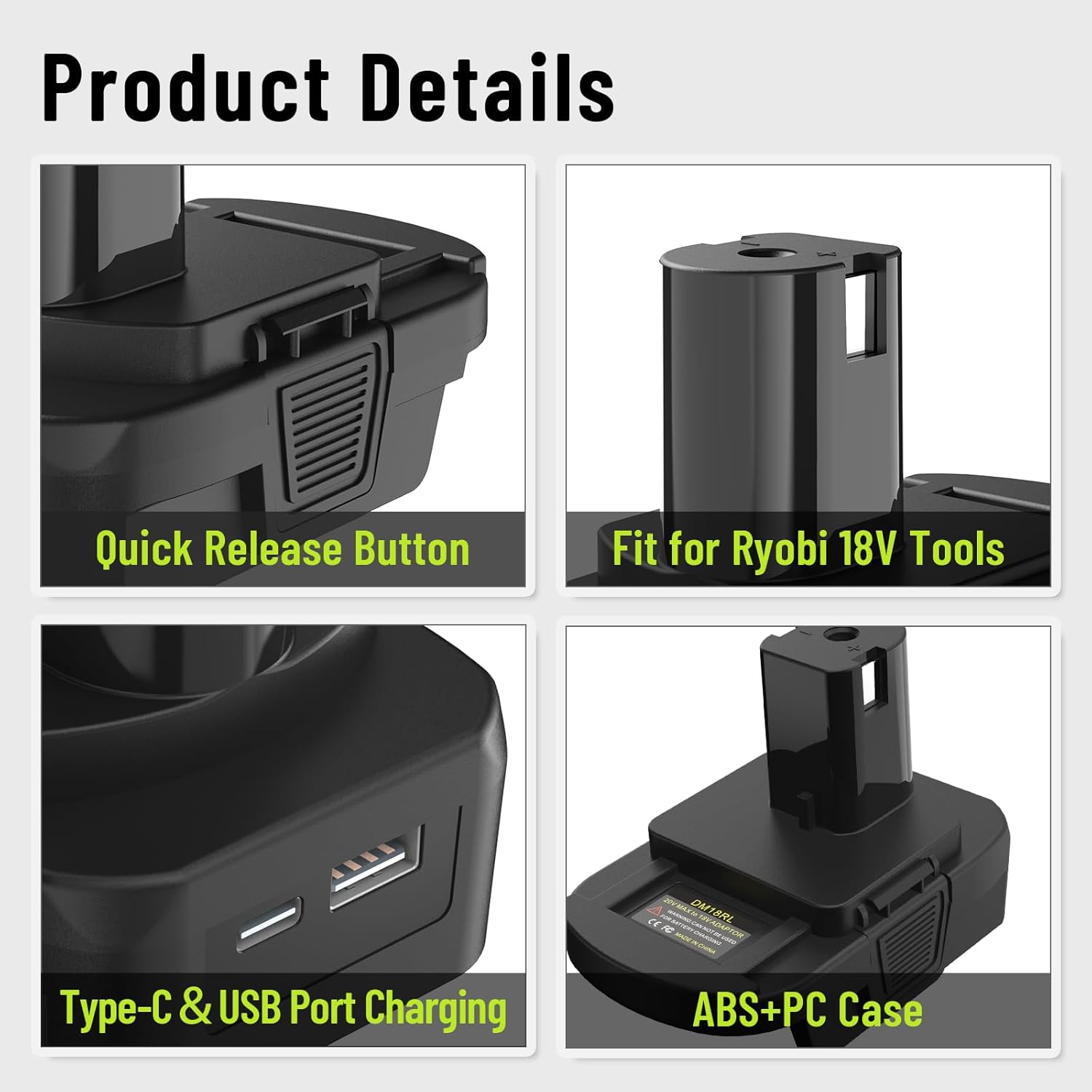 Convertidor adaptador de batería DM18RL con puerto USB y tipo C para uso con herramientas de batería de litio Ryobi de 18 V, convierte la batería