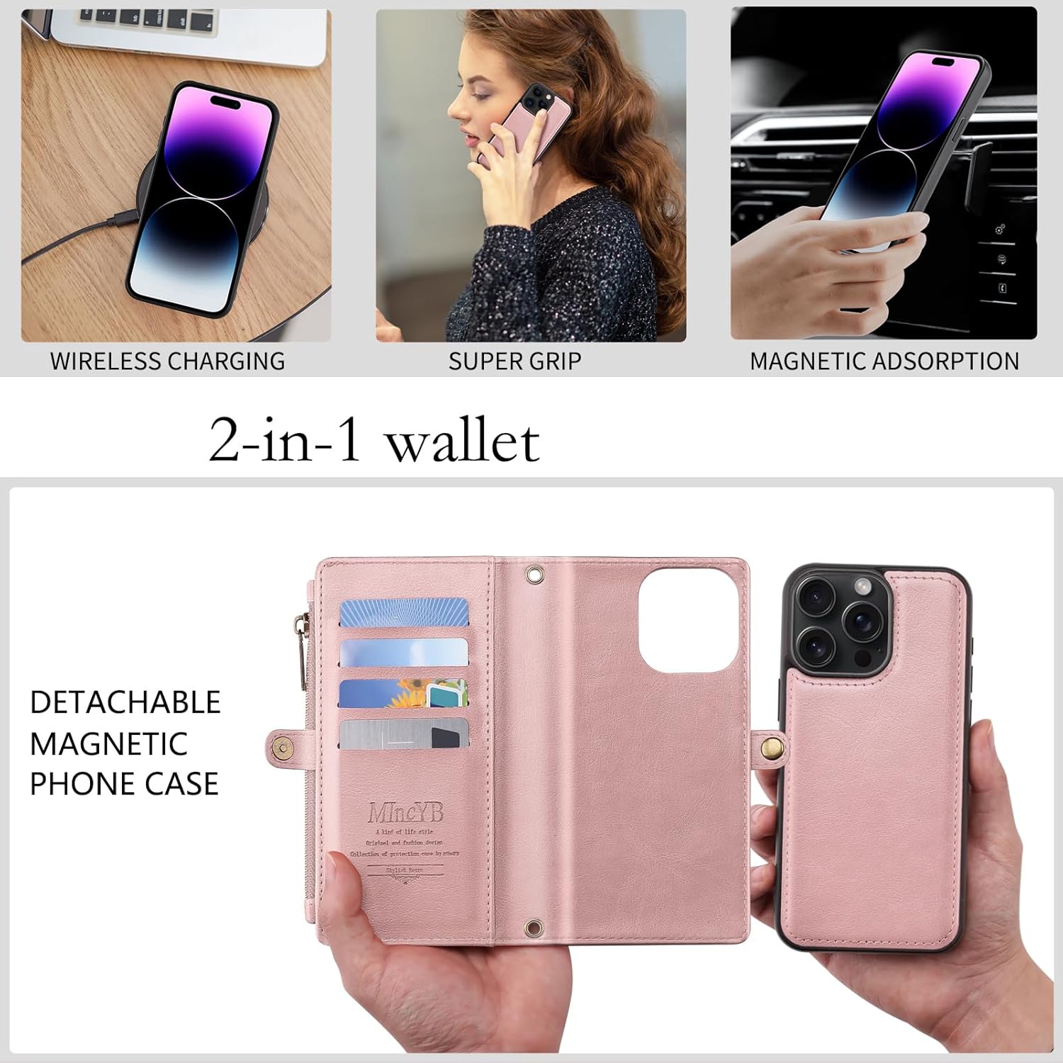 MInCYB Funda tipo cartera para iPhone 13 Pro con tarjetero (12 ranuras para tarjetas), funda de piel sintética para mujeres y hombres, carga