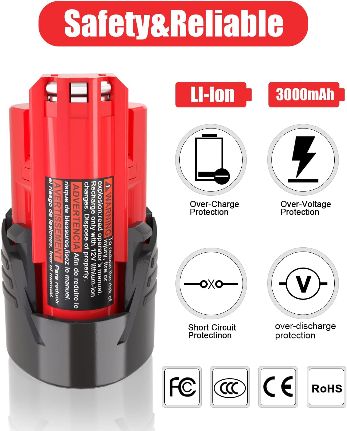 KUNLUN Paquete de 2 baterías de repuesto de 3.0Ah 12V para Milwaukee M12 de litio compatible con batería Milwaukee de 12 voltios 48-11-2411