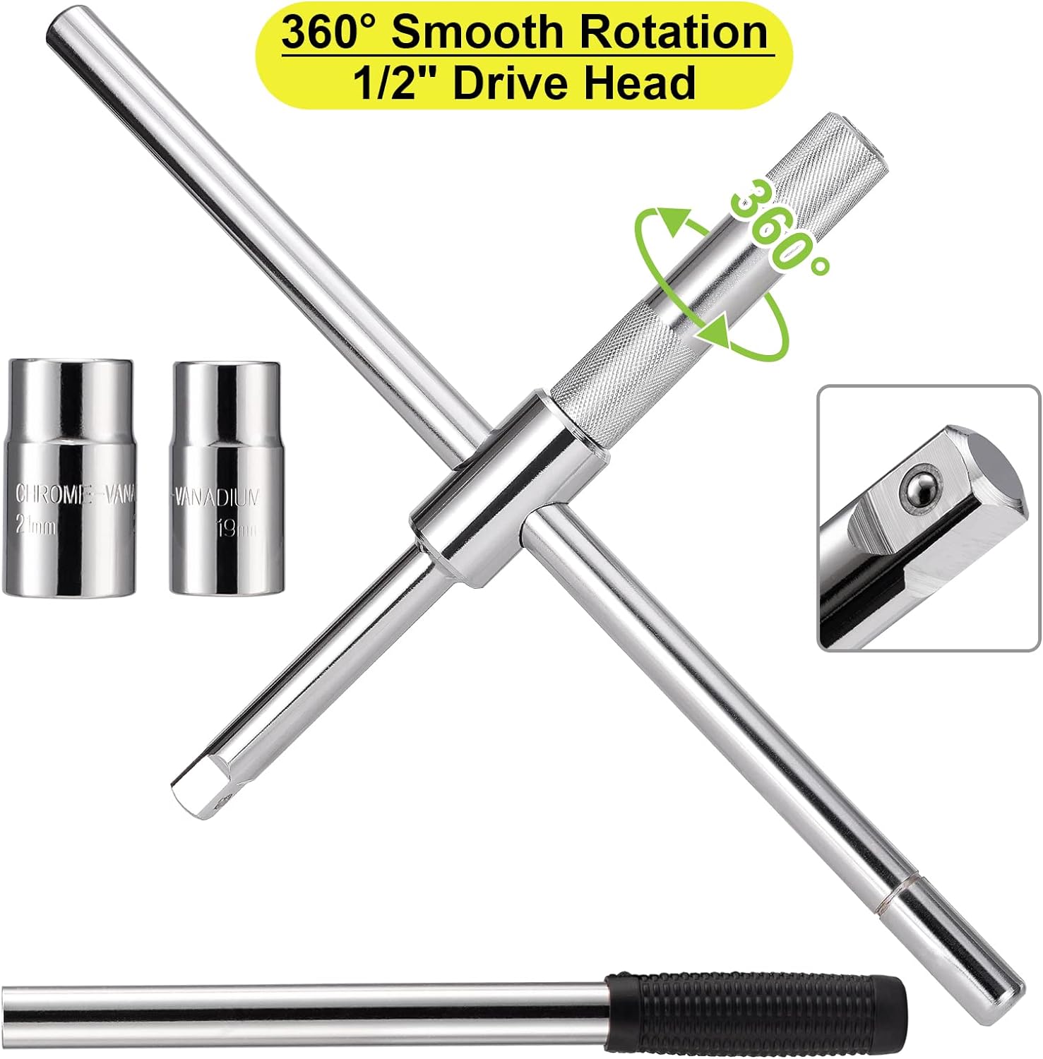 Spurtar Llave extendida para tuercas de llanta, llave de 4 vías, llave de llanta de hierro, extractor de tuercas de llanta de 12 unidad con enchufes