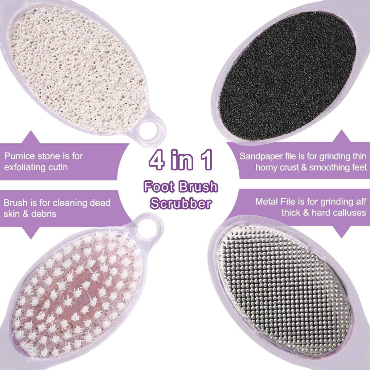 Cepillo de pies y piedra pómez  Paquete de 4 cepillos de pies para ducha, 4 en 1, lima de pedicura para el cuidado de los pies, morado y azul