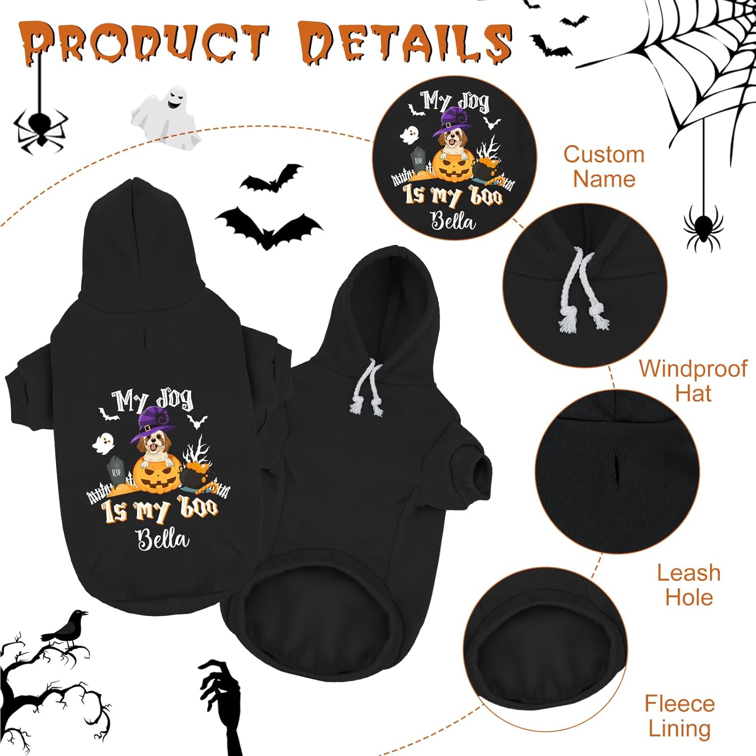 Atdesk Sudadera con capucha personalizada para perro de Halloween, sudadera con capucha para perro con nombre personalizado, sudadera con capucha