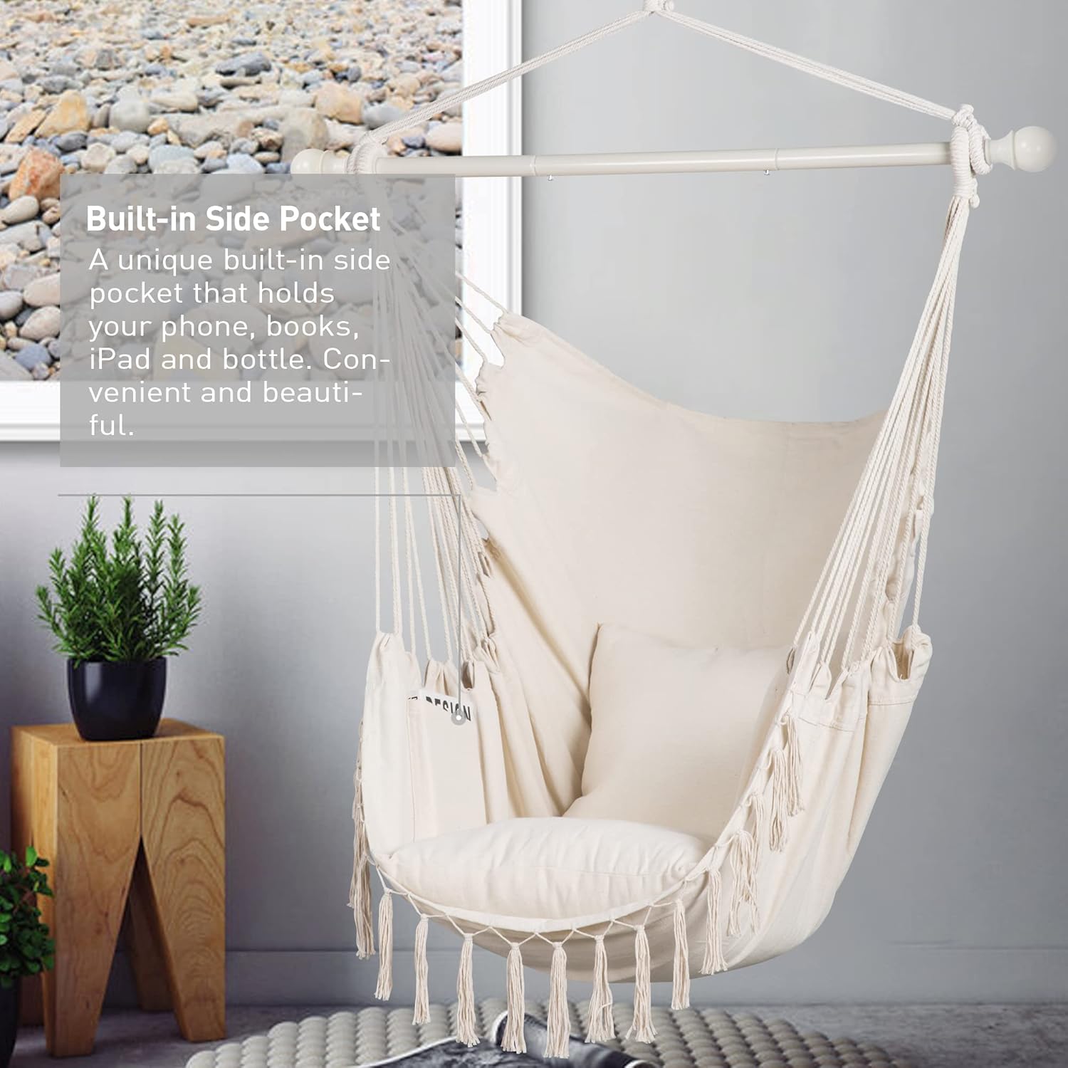 SUNCREAT – Silla de hamaca para colgar con cuerda, capacidad máxima de 450 libras, columpio colgante de macramé extragrande con bolsillo lateral,