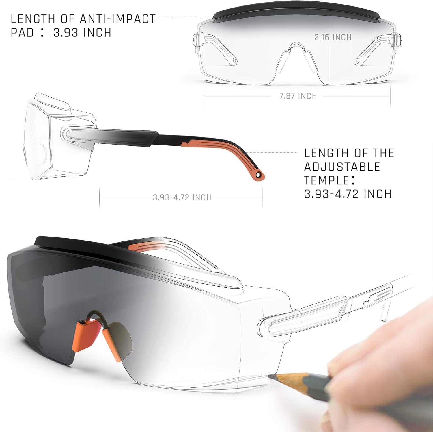 Anteojos de seguridad con antiempañante, Gafas de seguridad para anteojos, Anteojos de protección con lentes antiarañazos, marco y patillas