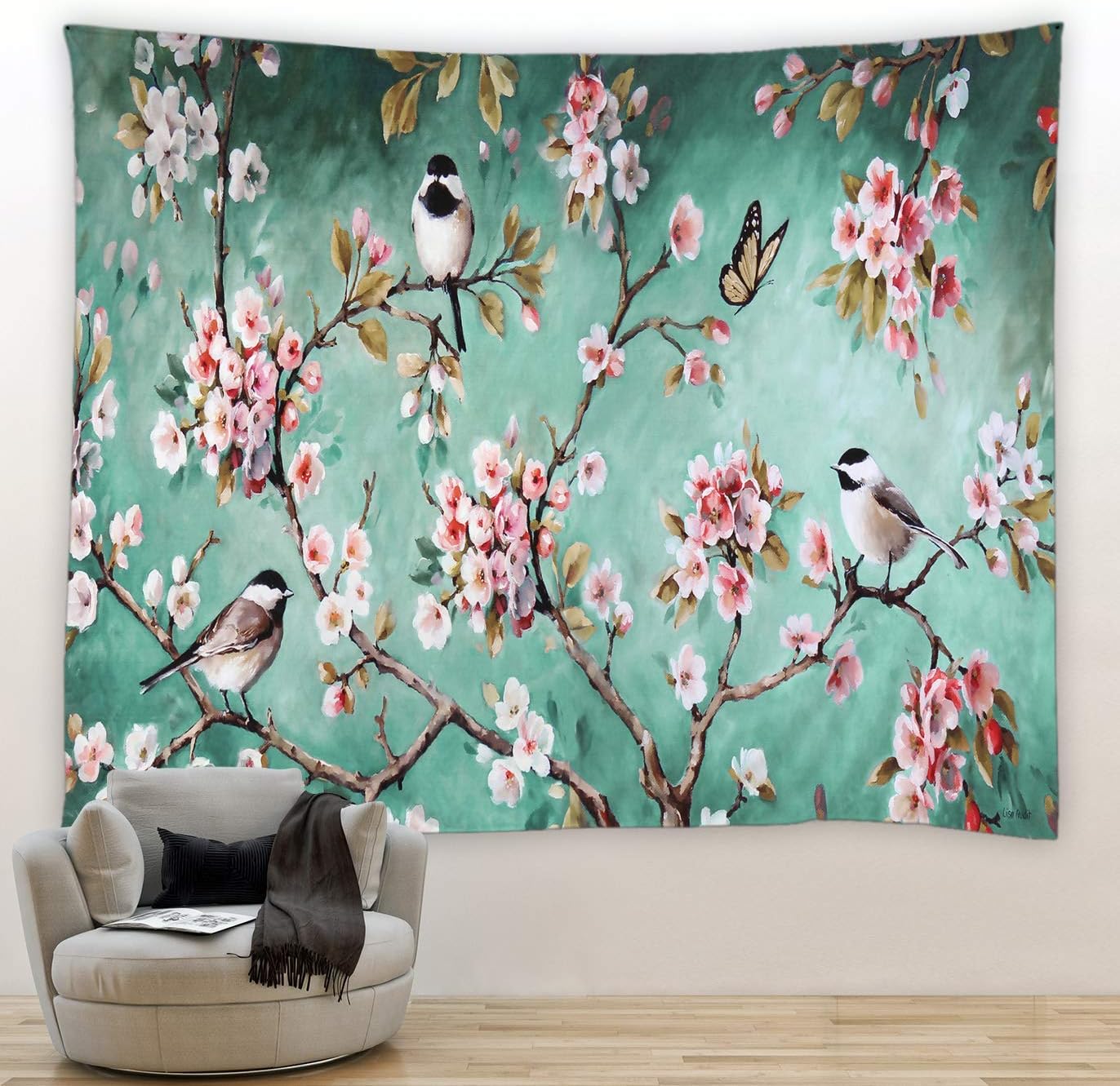 BCNEW Tapiz para colgar en la pared, diseño de flores, pájaros, mariposas, plantas asiáticas, flores y flores, tela de poliéster, decoración de
