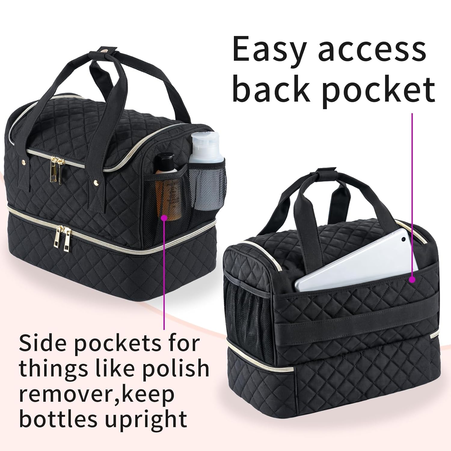 Bolsa organizadora de esmalte de uñas, se adapta a 1 lámpara de uñas y 40 botellas, bonito organizador de uñas con bolsillos laterales para