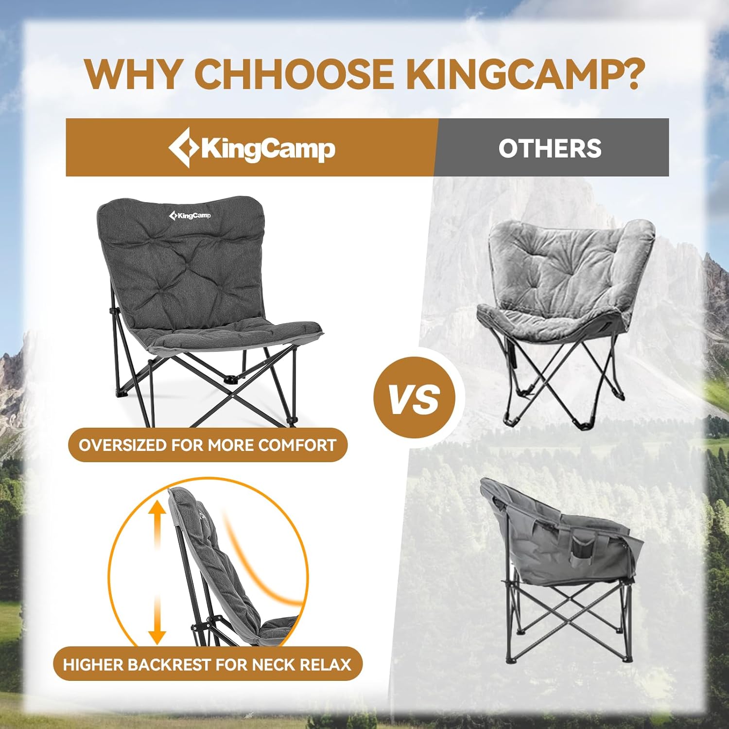 KingCamp Silla de campamento acolchada de gran tamaño, silla plegable de mariposa XL cómoda para exteriores con bolsa de transporte, silla de