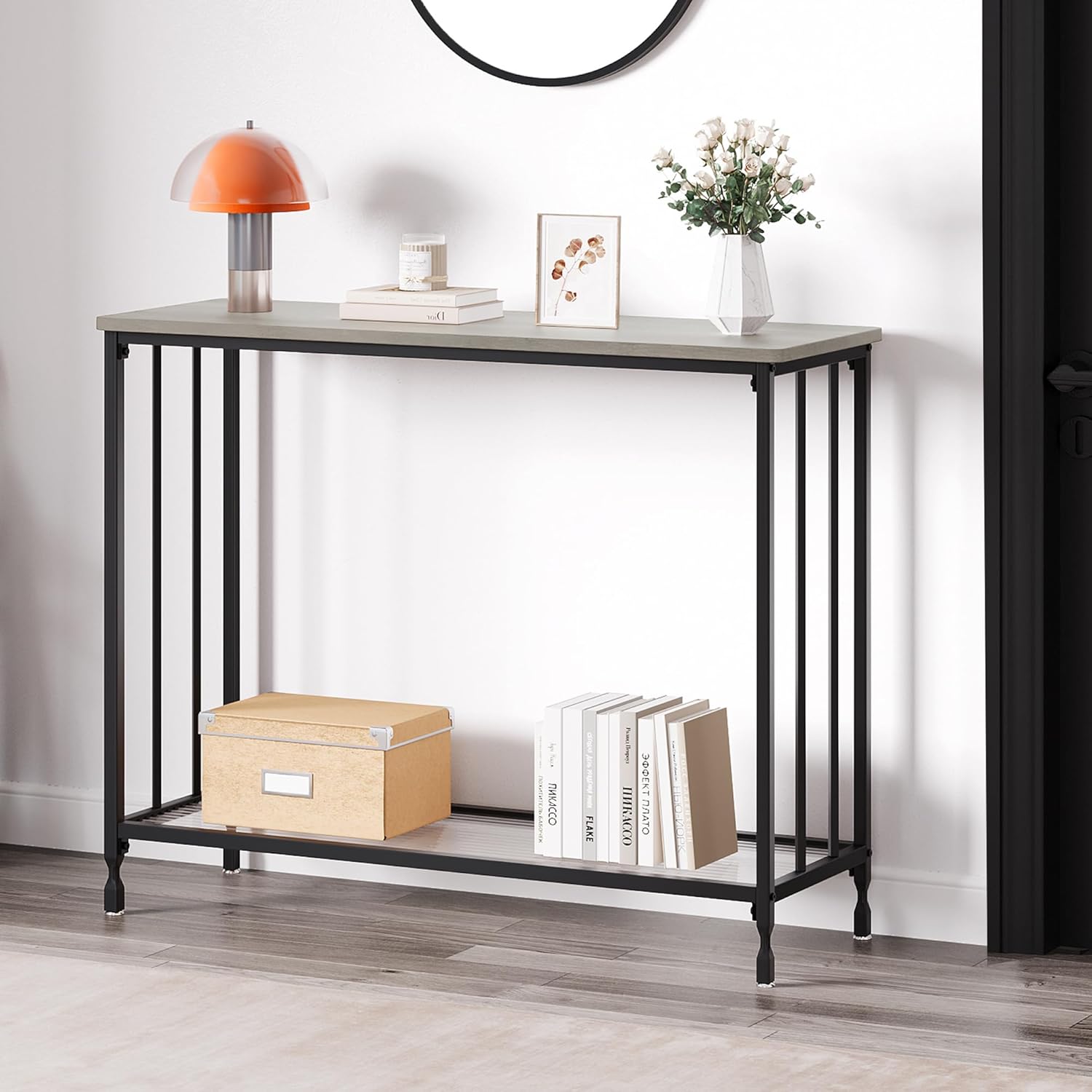 IDEALHOUSE Mesa consola, mesas de sofá, mesa de entrada estrecha con estante de vidrio y marco de metal, mesa de pasillo industrial de 33.5 pulgadas