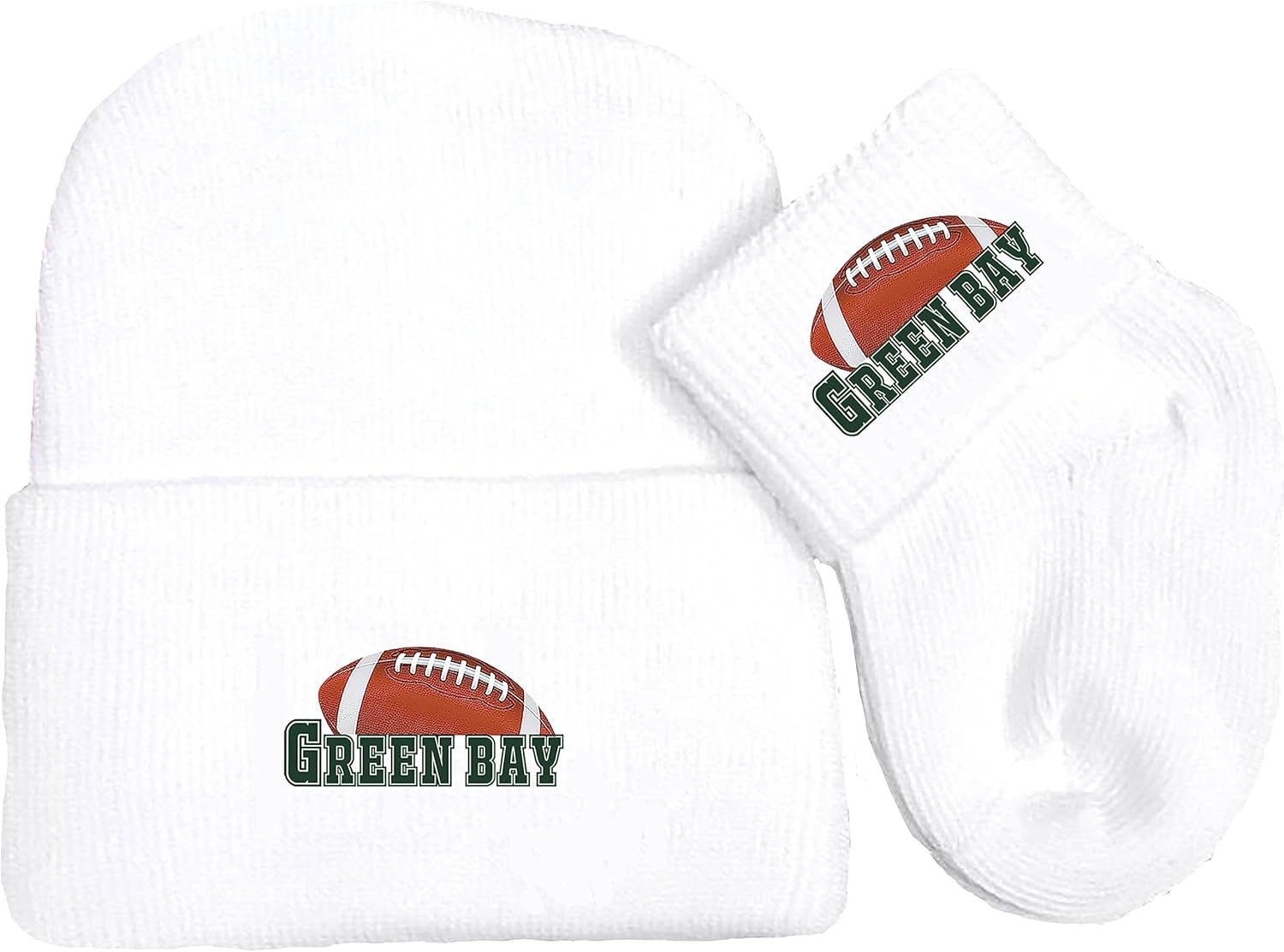Juego de gorro y calcetines de punto para bebé recién nacido para fanáticos del fútbol Green Bay, Blanco