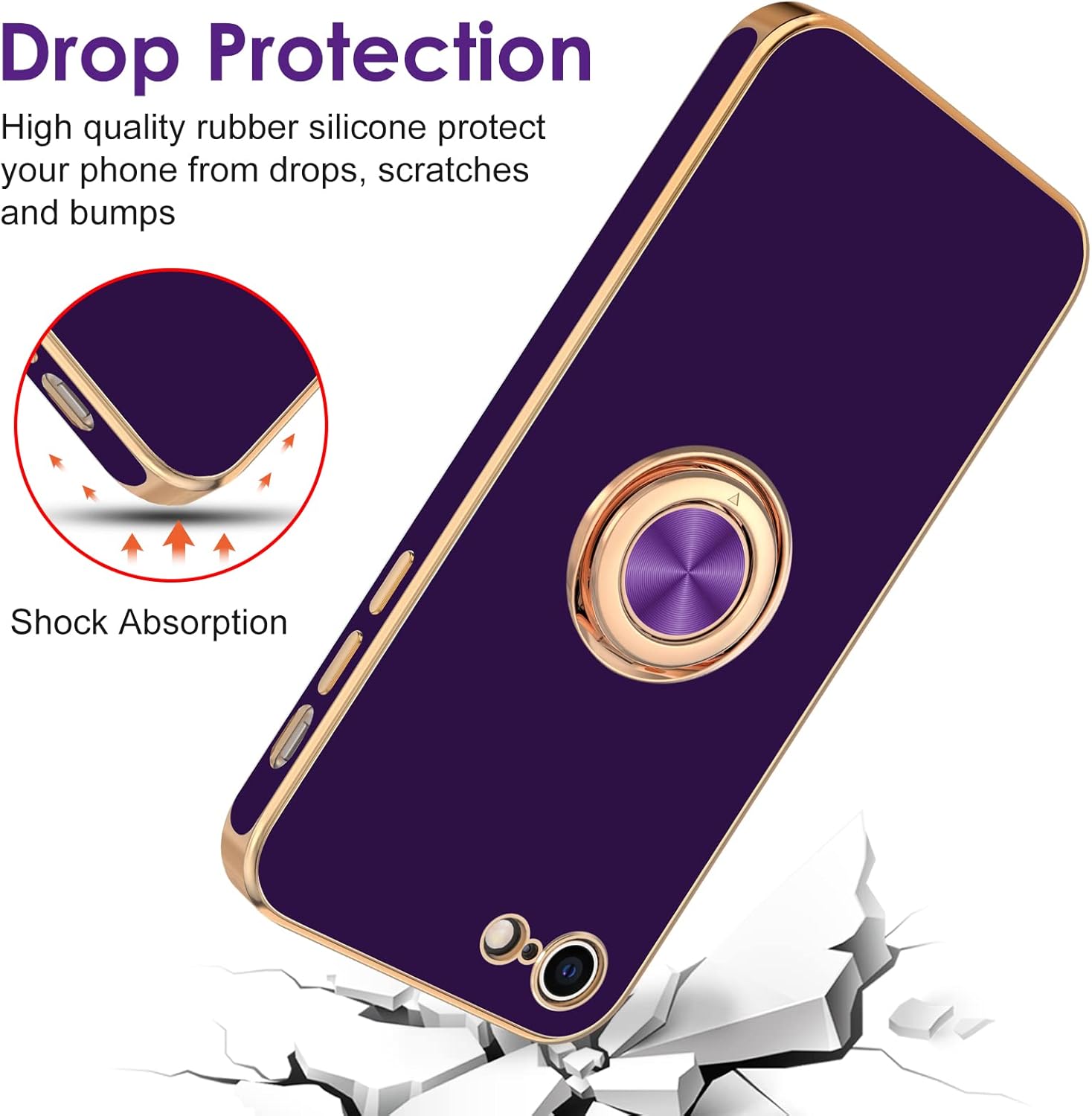 Hython Funda para iPhone SE 20222020, iPhone 8 y 7, soporte de anillo con soporte magnético, chapado en borde dorado, cubierta de poliuretano