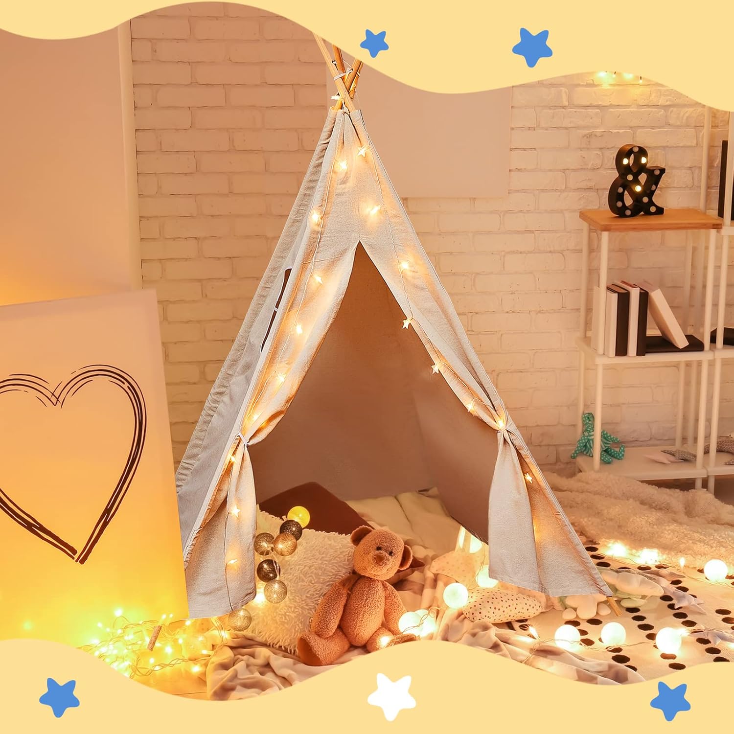 Woanger Juego de 10 tiendas de campaña tipo tipi para niños, de lona de algodón blanco, con luces LED de estrella de 10 pies, tipi para interiores,