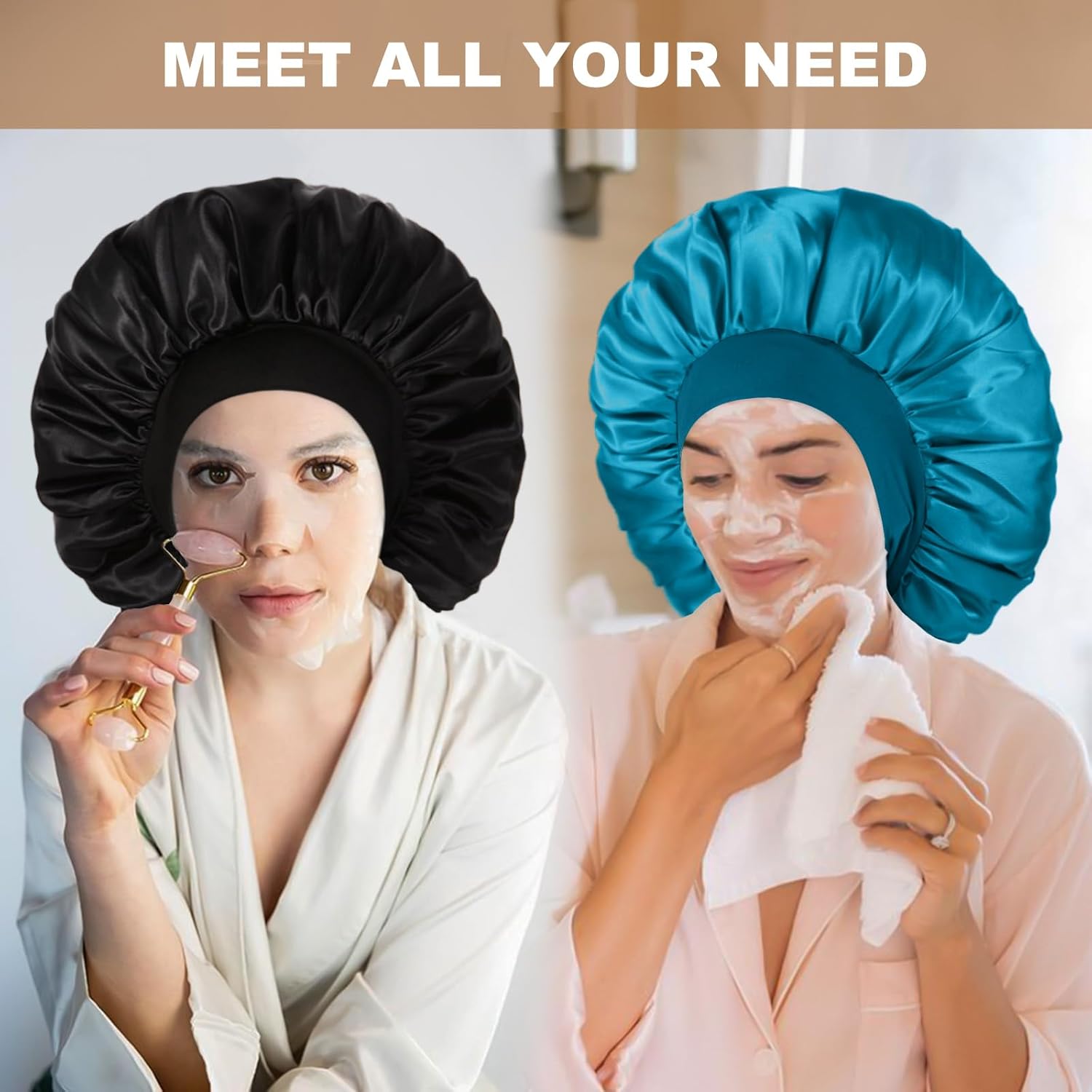 DAFFECS 2 gorros de seda extra grandes para dormir, 17 pulgadas de satén jumbo para mujer, banda ancha elástica de seda para cabello rizado (negro