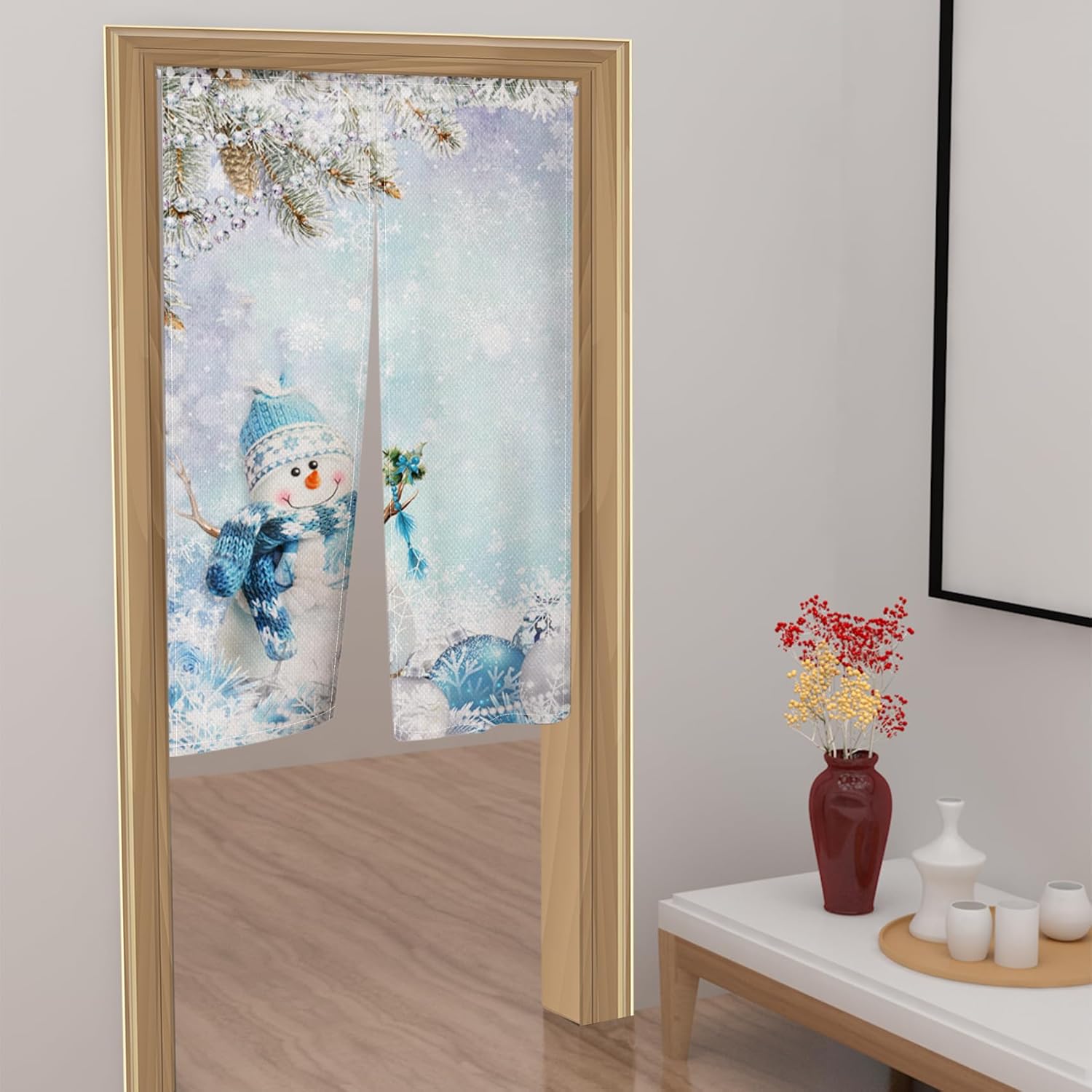 Cortina japonesa Noren de muñeco de nieve de invierno para puerta, tapiz de cortina japonesa azul y blanco copo de nieve de invierno, árbol de