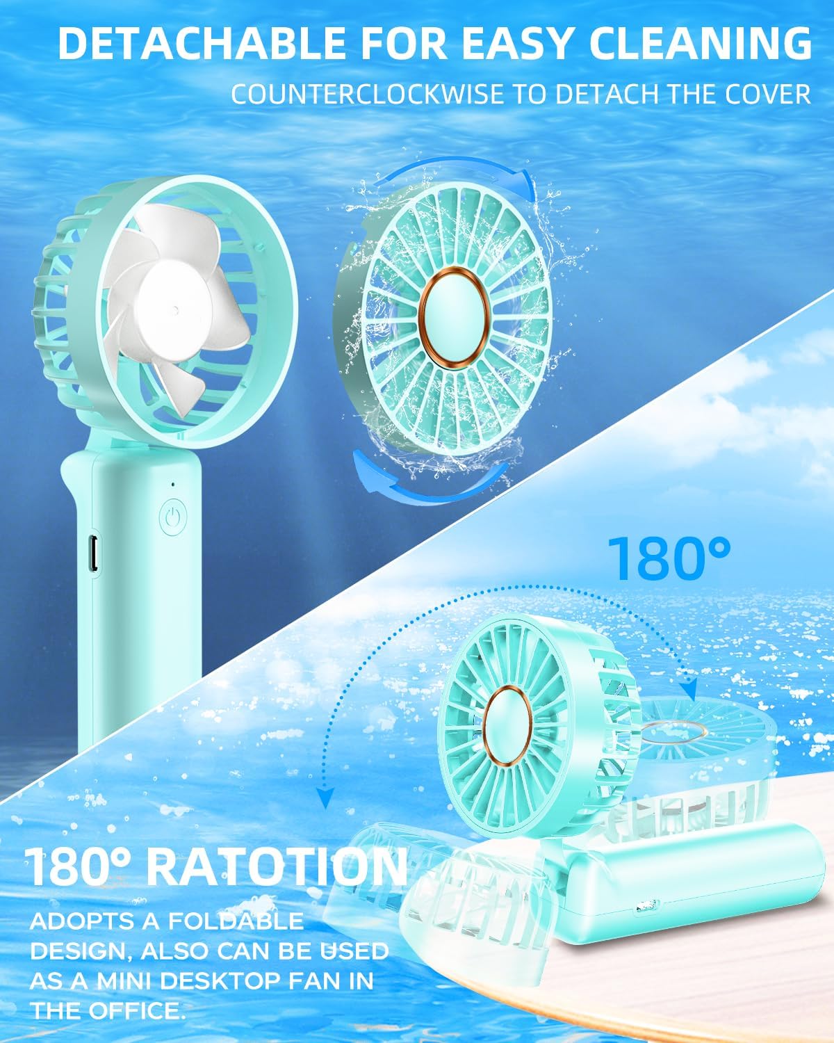 Mini ventilador portátil, pequeño ventilador de mano recargable por USB de 2000 mAh, ventilador de escritorio ajustable de 180, 3 velocidades, ultra
