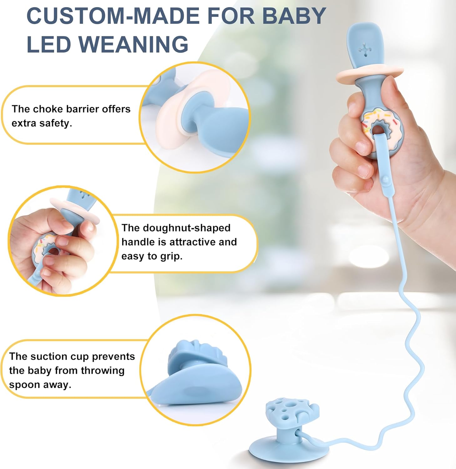 Paquete de 3 utensilios para bebé, cucharas de destete LED para bebés, cuchara y tenedor de silicona con succión, utensilios de autoalimentación