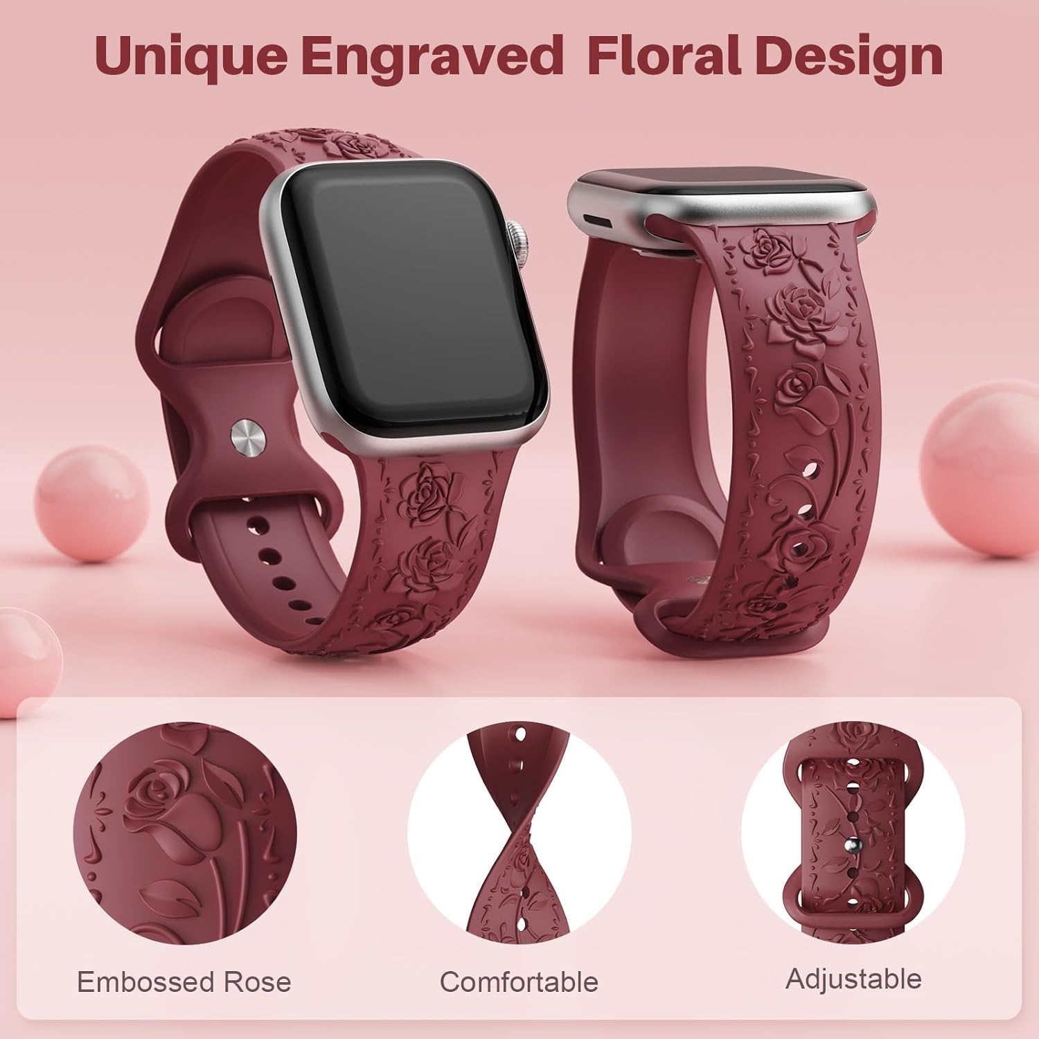 Correa de silicona suave con grabado floral compatible con Apple Watch Band de 1.575 in, 1.614 in, 1.496 in, 1.654 in, 1.732 in, 1.772 in y 1.929 in
