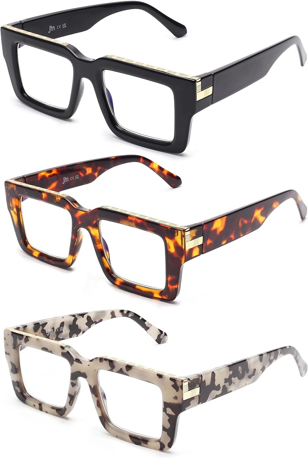 JM Paquete de 3 lentes de lectura estilo Oprah para mujeres y hombres, lectores cuadrados con bloqueo de luz azul