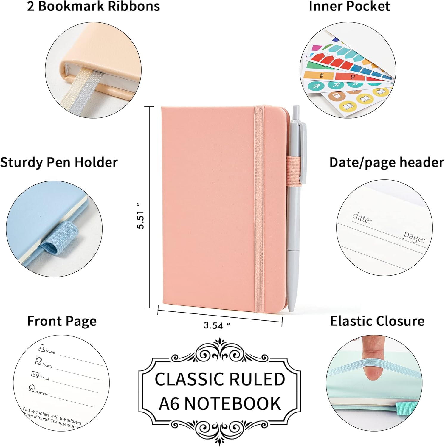 feela Paquete de 6 cuadernos pequeños de bolsillo a granel, mini bloc de notas de notas de tapa dura con rayas universitarias con soporte para