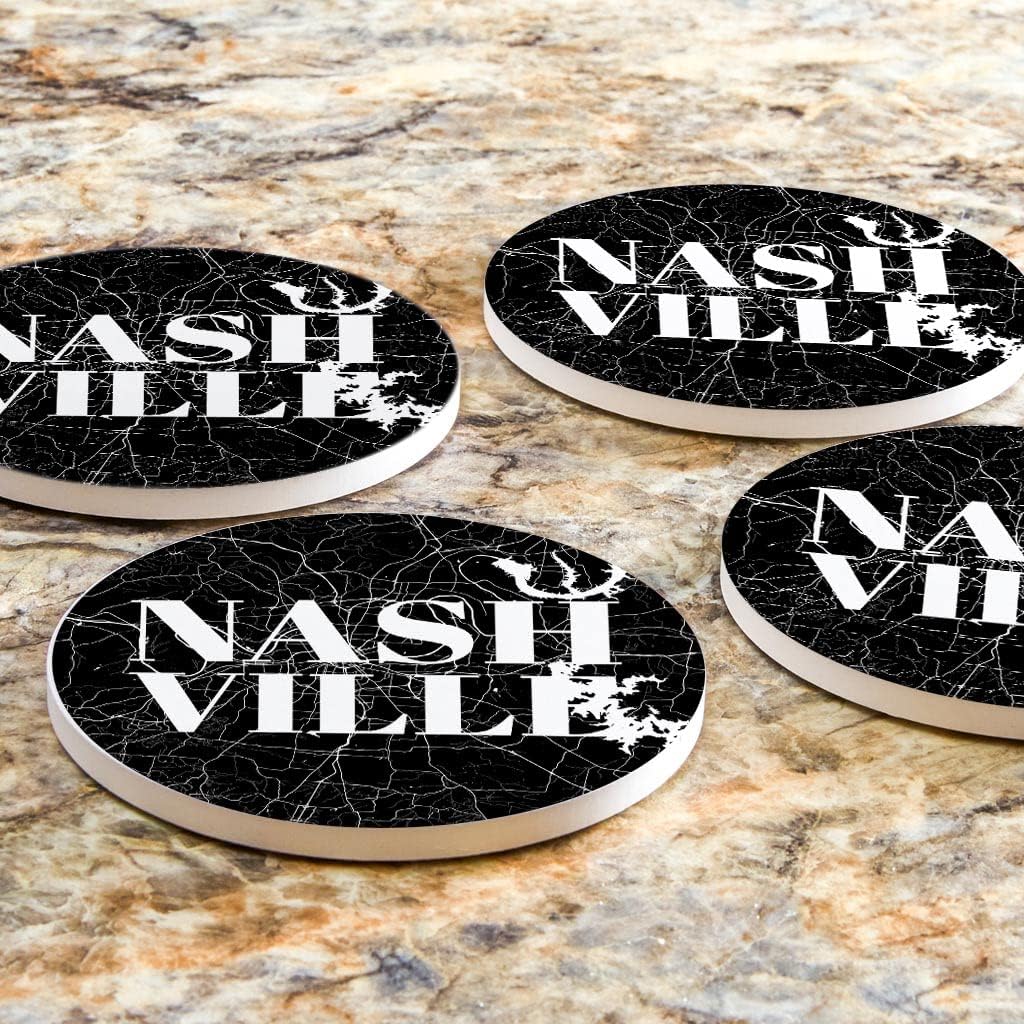 Minimalista B&W Tennessee Nashville Map, Joyride Home Decor, 4 posavasos de cerámica, posavasos circulares de 4 pulgadas, juego de 4, parte trasera