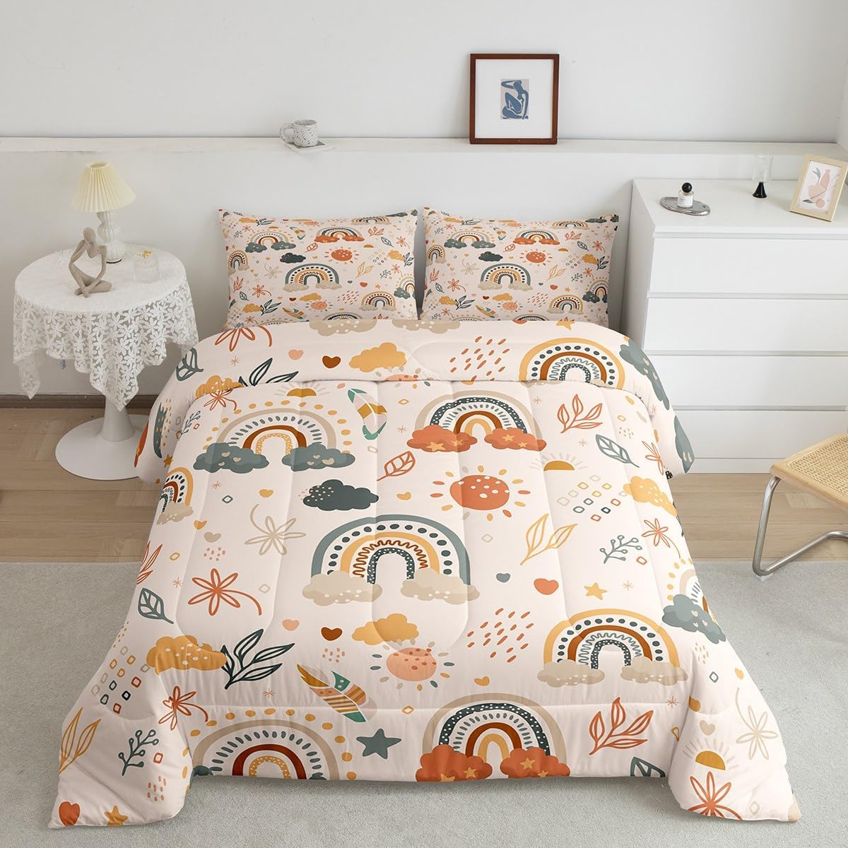 Juego de edredón bohemio con diseño de arco iris para niñas, estilo de mediados de siglo, bohemio, sol, hojas botánicas, floral, juego de ropa de
