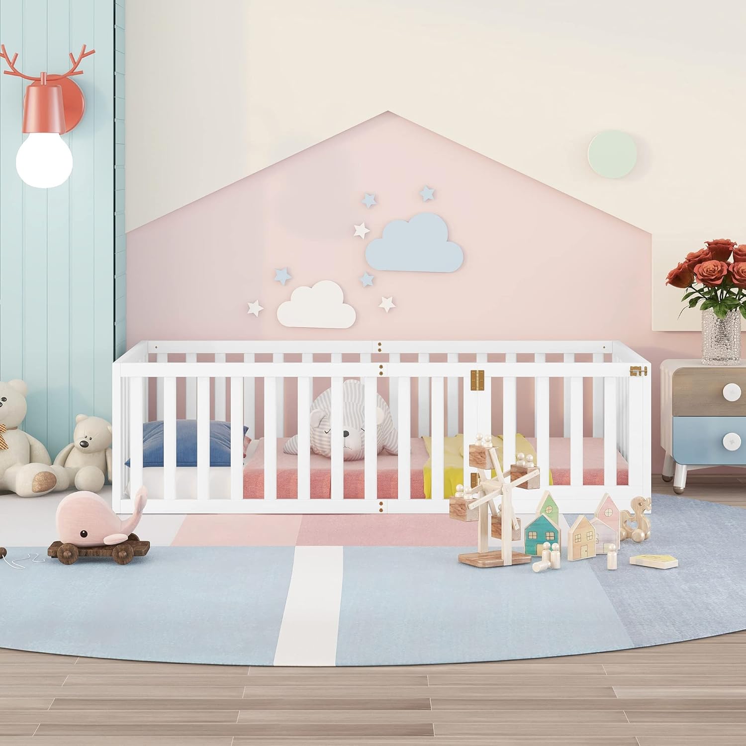 P PURLOVE Base de cama de suelo de tamaño individual para niños, camas Montessori de madera con riel de valla para niños y niñas, (blanco, cama