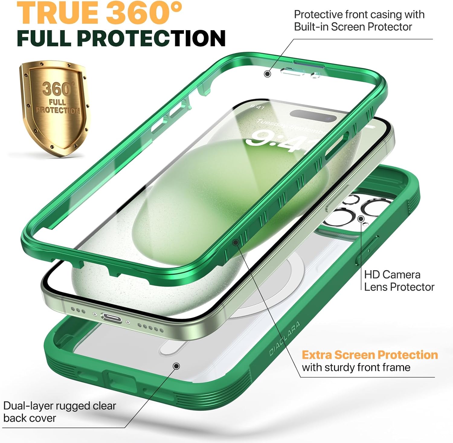 Diaclara Funda magnética diseñada para iPhone 15, compatible con MagSafe protector de pantalla integrado sensible al tacto, antiarañazos, con