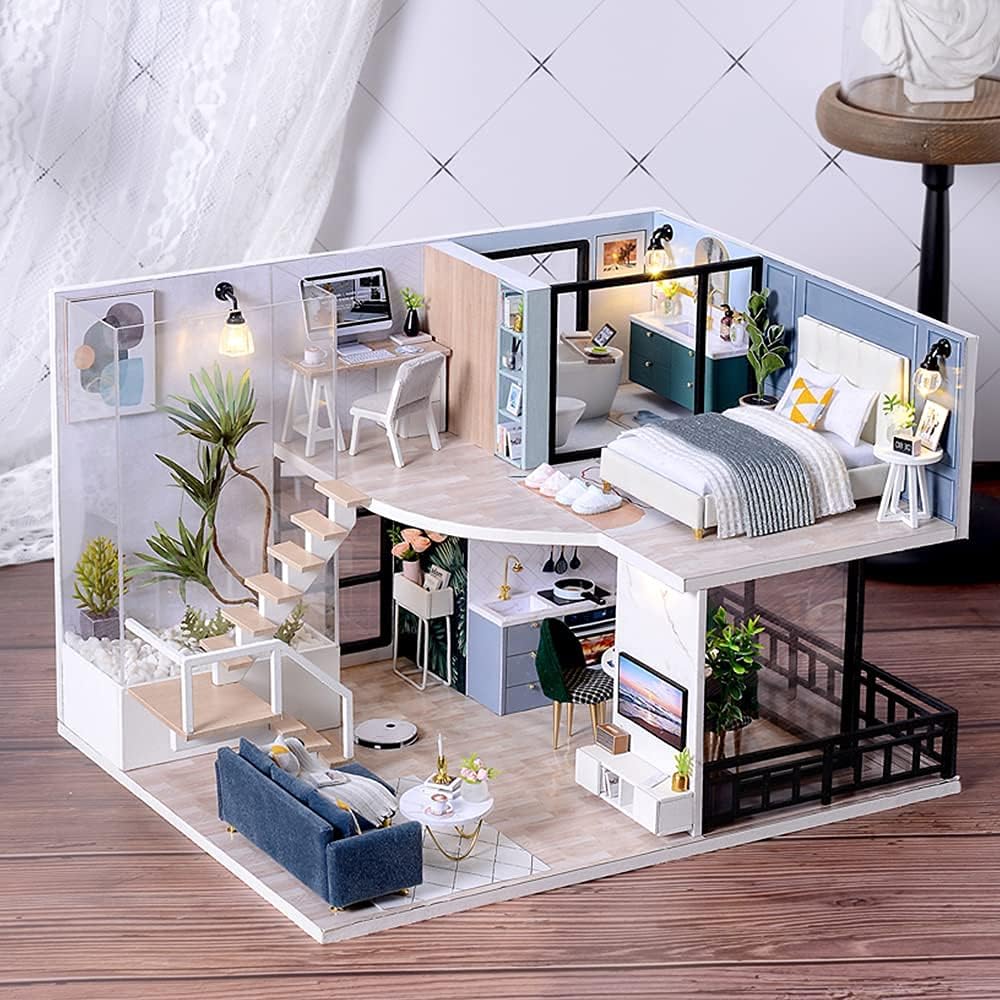 Cutebee – Casa de muñecas en miniatura con muebles, kit de casa de muñecas de madera DIY (hazlo tú mismo), a prueba de polvo, con música, se mueve,
