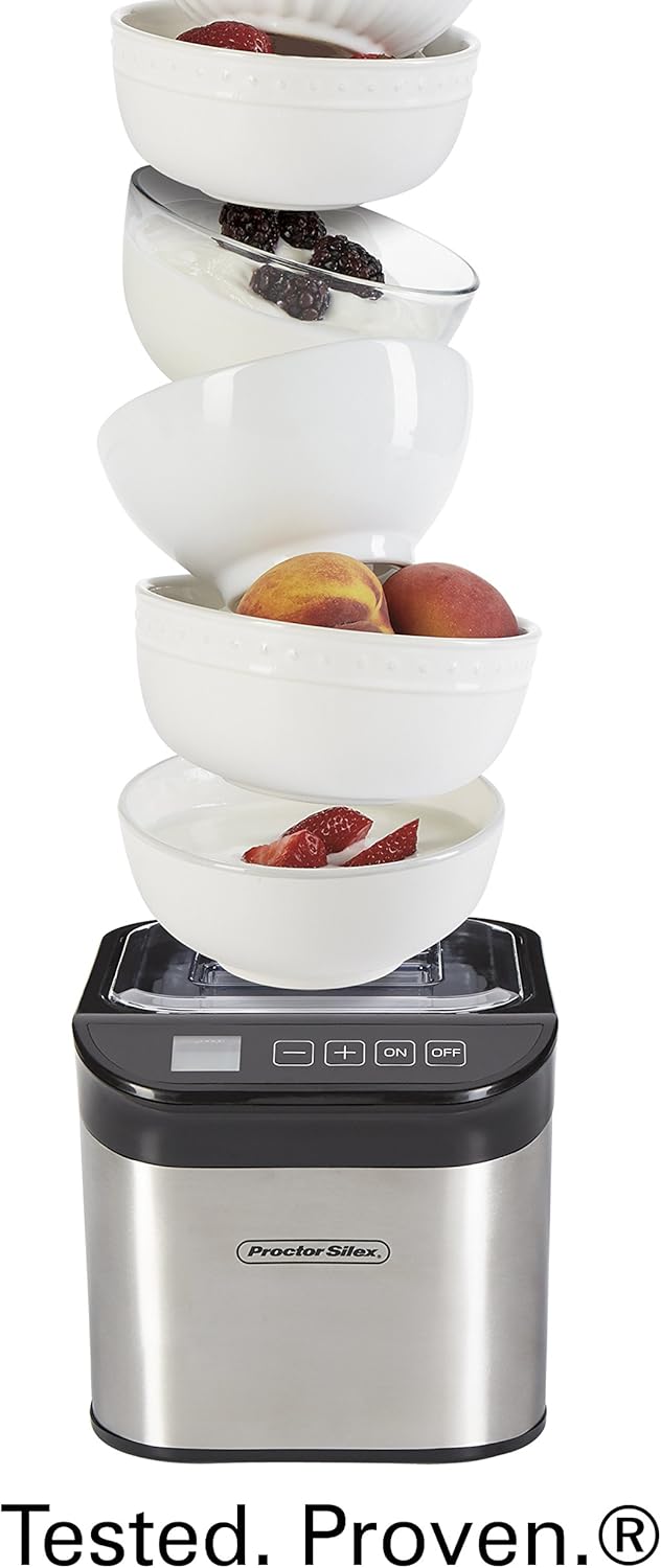 Proctor Silex Máquina para hacer yogur regular o griego con pantalla LCD, contenedor de almacenamiento sin BPA, 32 onzas, acero inoxidable (86300)
