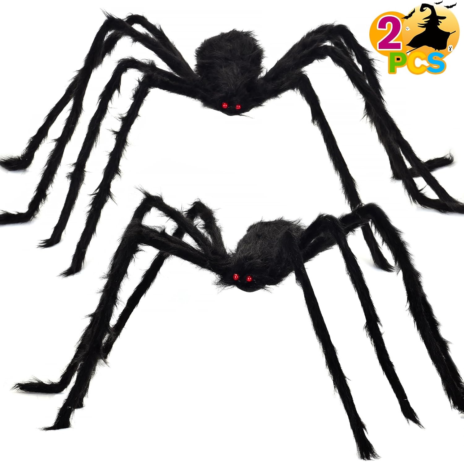 Paquete de 2 decoraciones de Halloween para exteriores, araña negra peluda de 5 pies, araña gigante aterradora, araña grande falsa, accesorios de