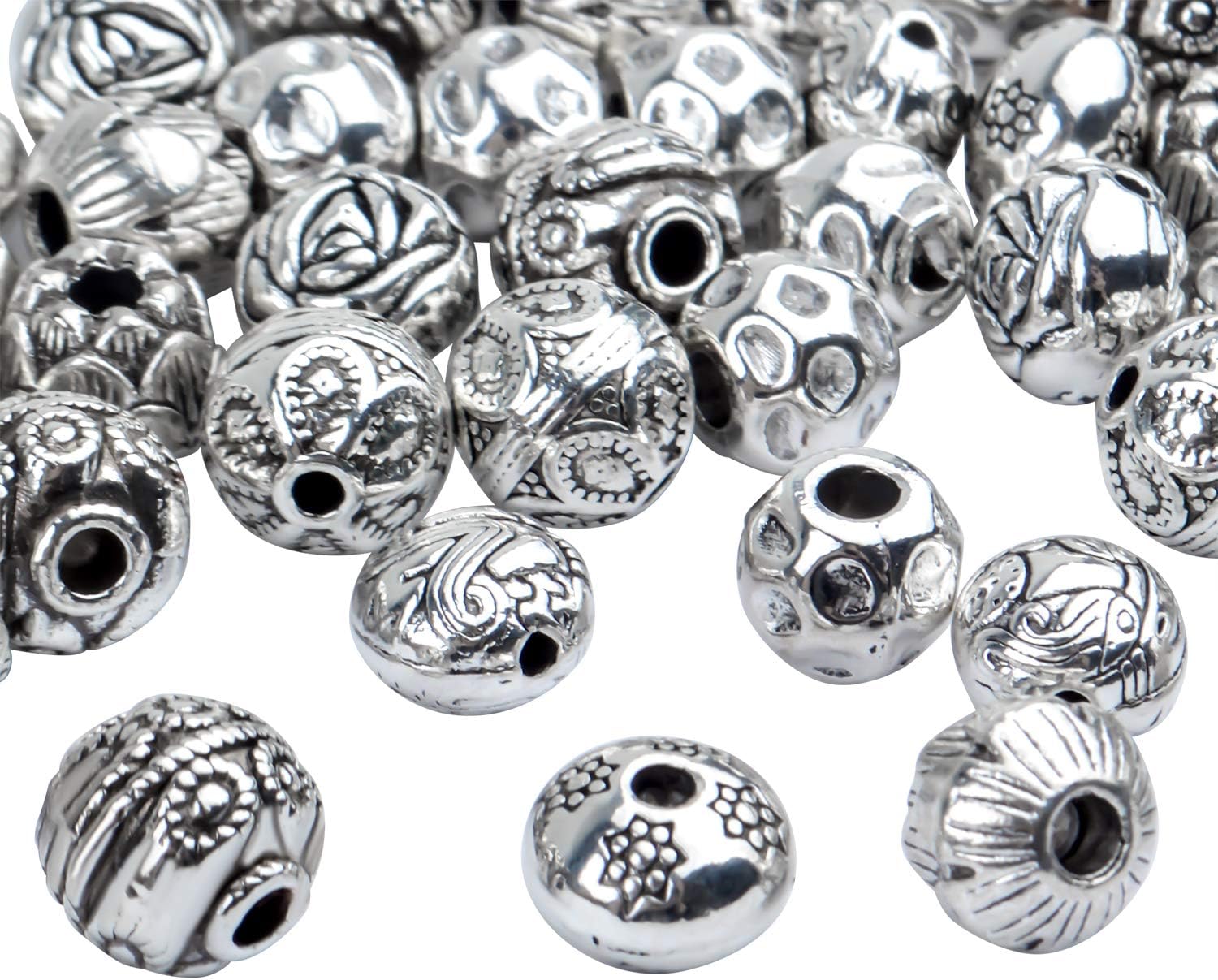 Cuentas espaciadoras de plata antigua, 3.53 oz (alrededor de 40-60 unidades), cuentas sueltas tibetanas pequeñas redondas para hacer pulseras,