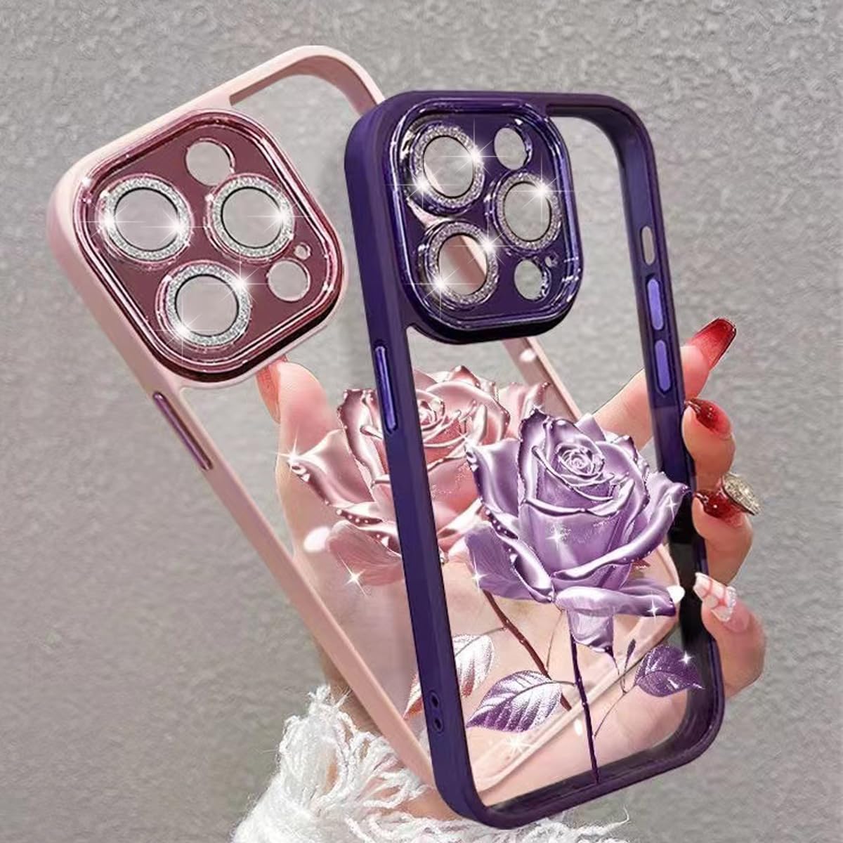 Changjia Funda transparente para iPhone 15 Pro Max, diseño floral con purpurina brillante y protector de lente de cámara, TPU a prueba de golpes,