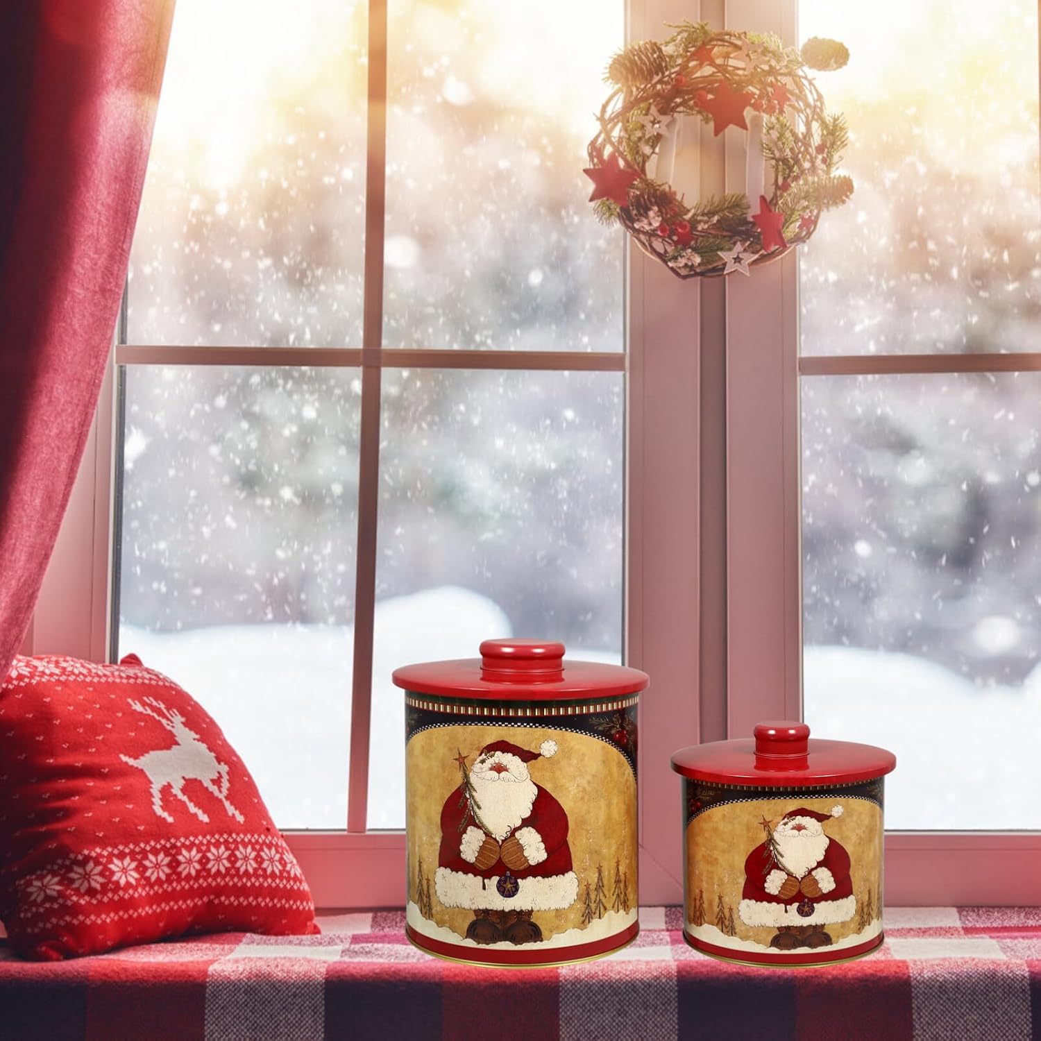 BESTonZON Latas de galletas de Navidad, 2 cajas de dulces de Navidad, latas de metal para galletas con tapas, recipientes decorativos de