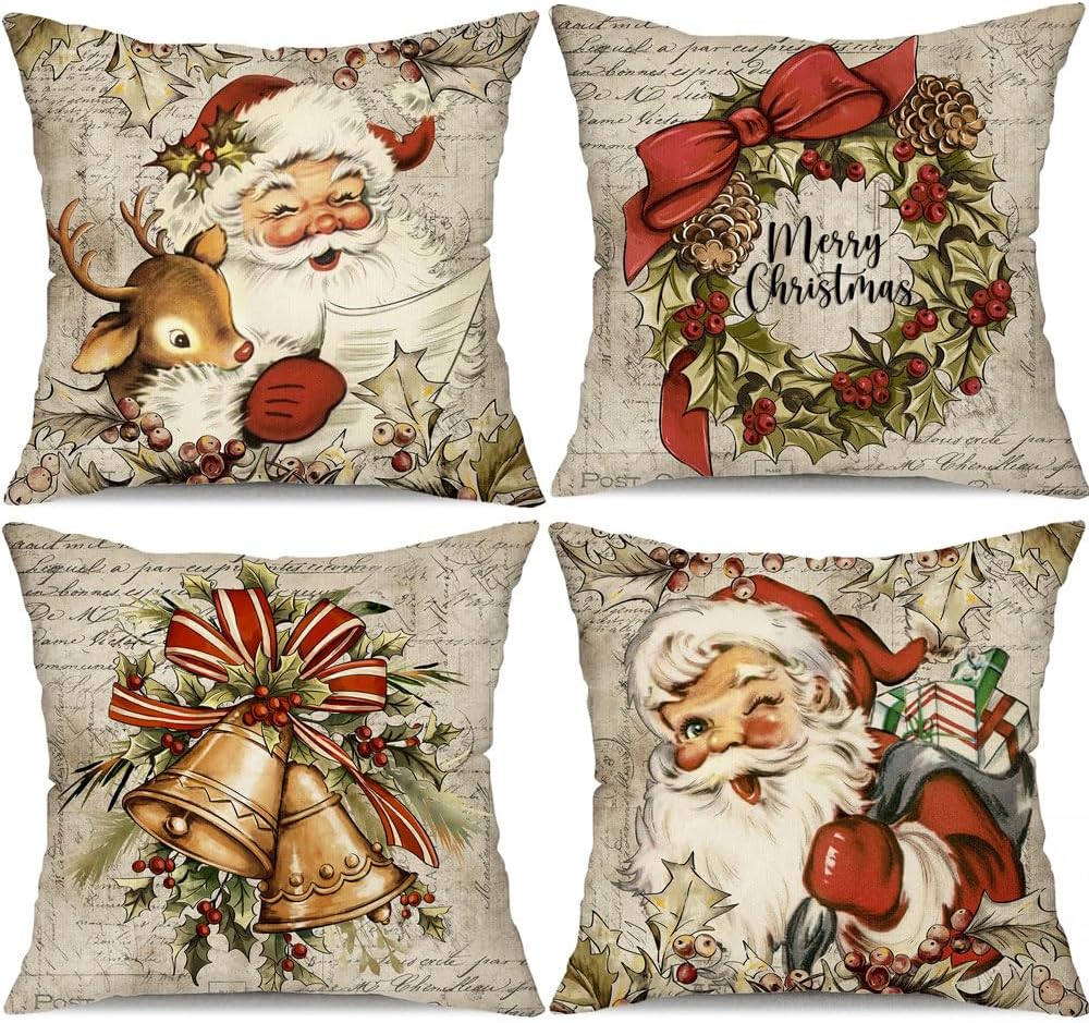 DFXSZ Juego de 4 fundas de almohada navideñas de 20 x 20 pulgadas, diseño de reno de Papá Noel, vintage, decoración retro de casa de campo para el